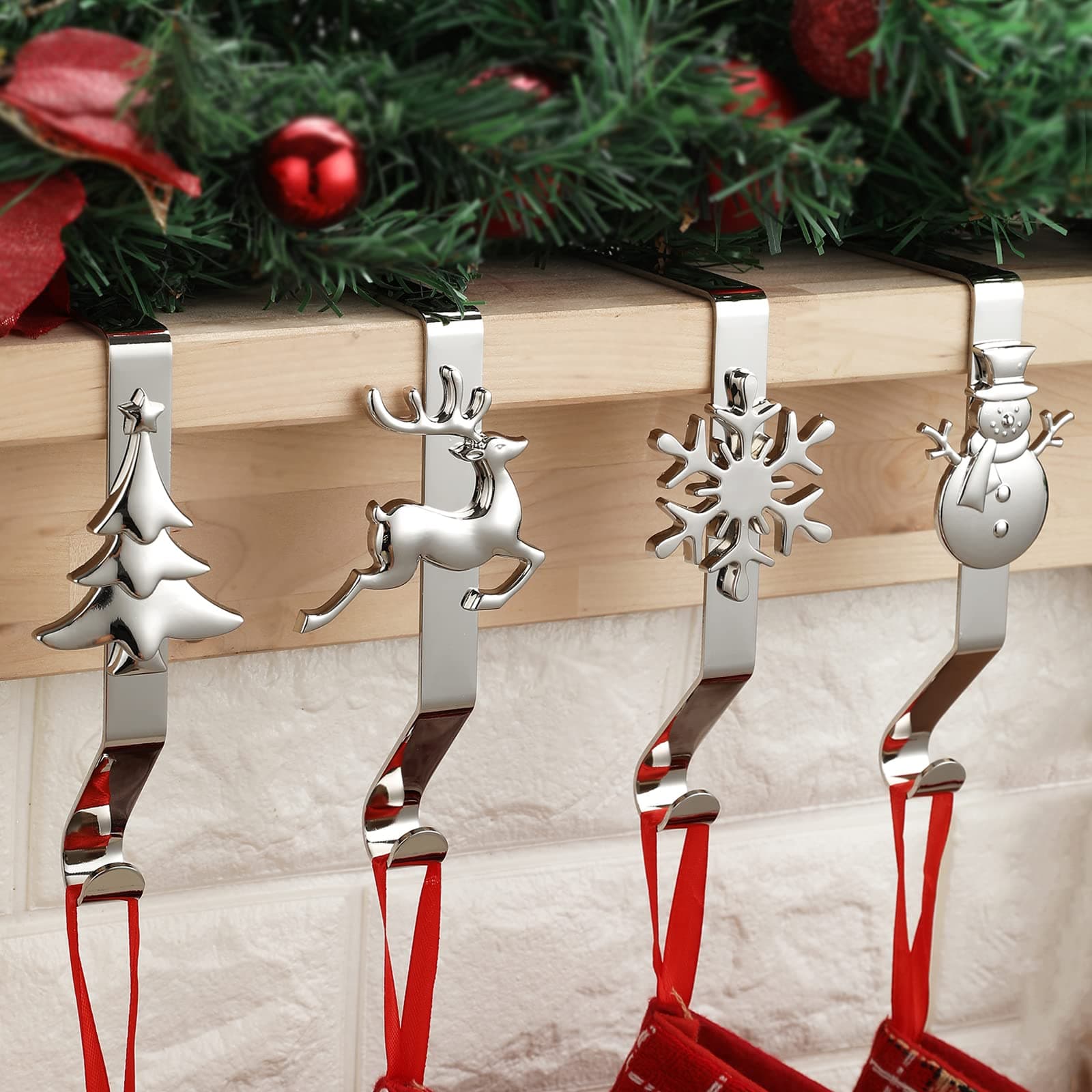 HelaJoy Christmas Stocking Holders - Different Patterns Christmas Stocking Hangers Iron Stocking Holder Stand for Mantel, Staircase, Large Christmas Stockings, Set of 4