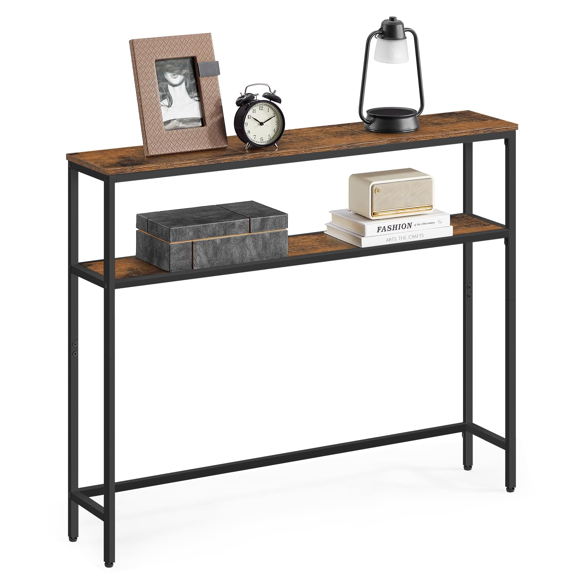 VASAGLE Console Table, 2-Tier Sofa Table, 7.9 x 39.4 x 31.5 Inches, Narrow Entryway Table, Modern Entry Table with 2 Shelves, for Living Room, Bedroom, Rustic Brown and Ink Black ULNT131K01