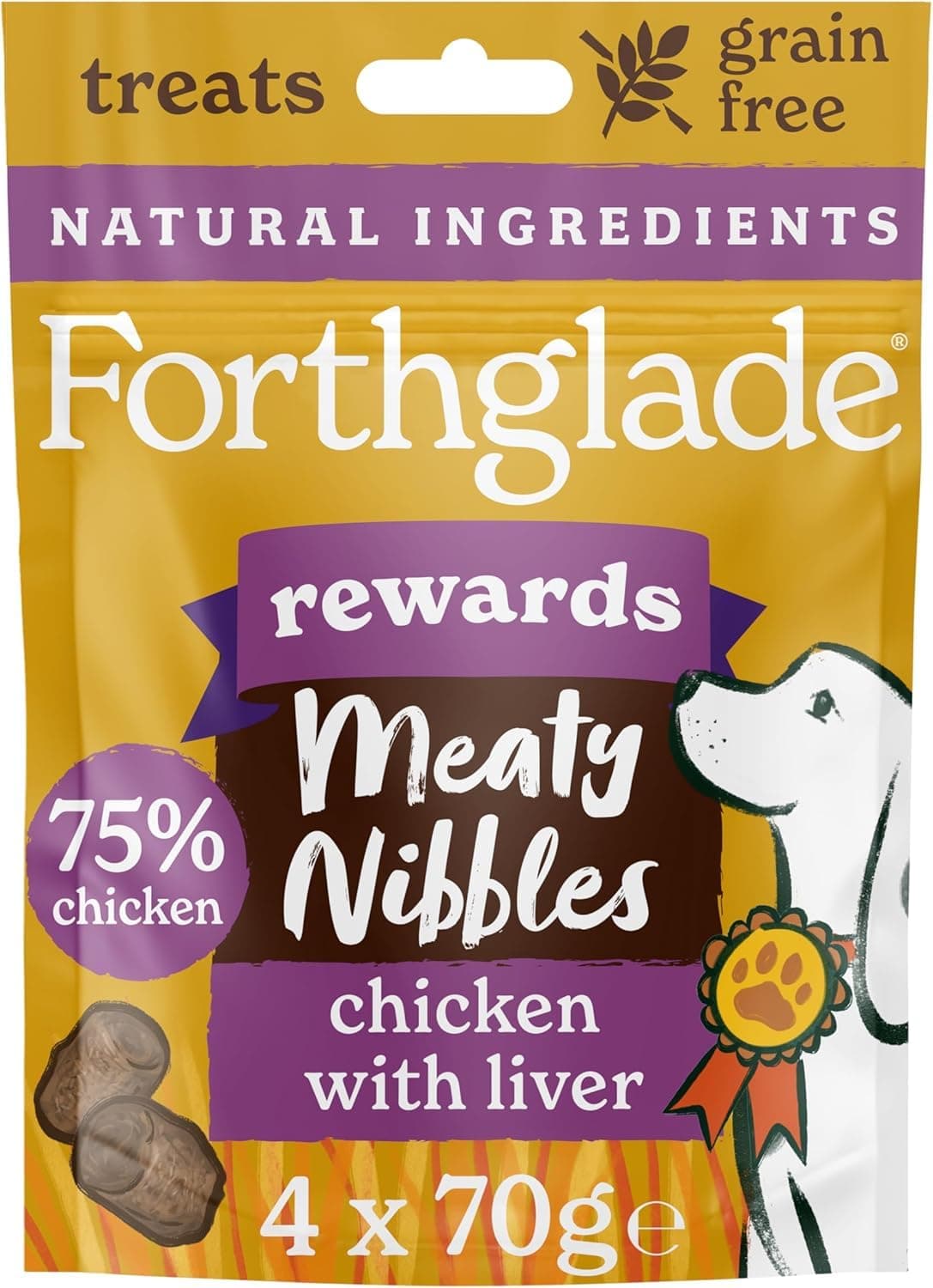 Forthglade Meaty Nibbles (4 x 70g Bags) - Hypoallergenic & Grain Free Dog Treats with Chicken and Liver, Natural Dog Treats, Training Rewards with 75% Chicken