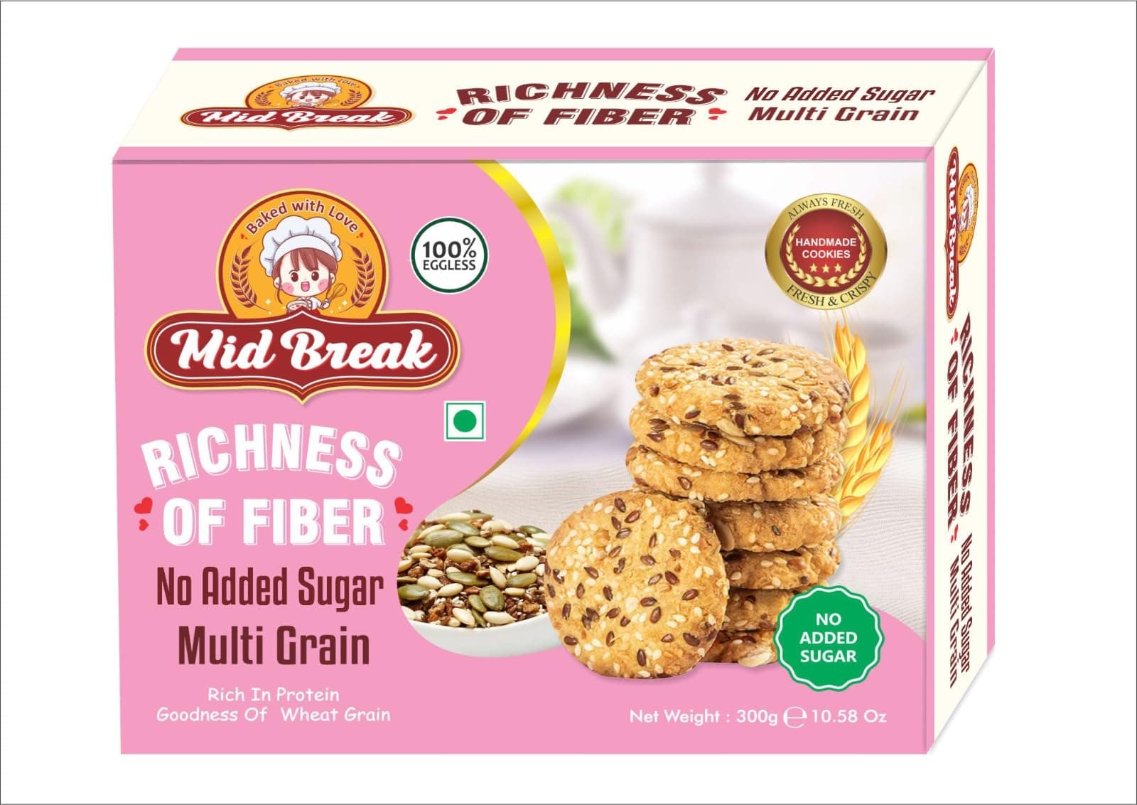 MidBreak No Added Sugar Multigrain Cookies - 300gm (Pack Of 1) | Handmade Multigrain Biscuits | Eggless & Diabetic-Friendly Cookies | Healthy Low-Fat Tea Snack