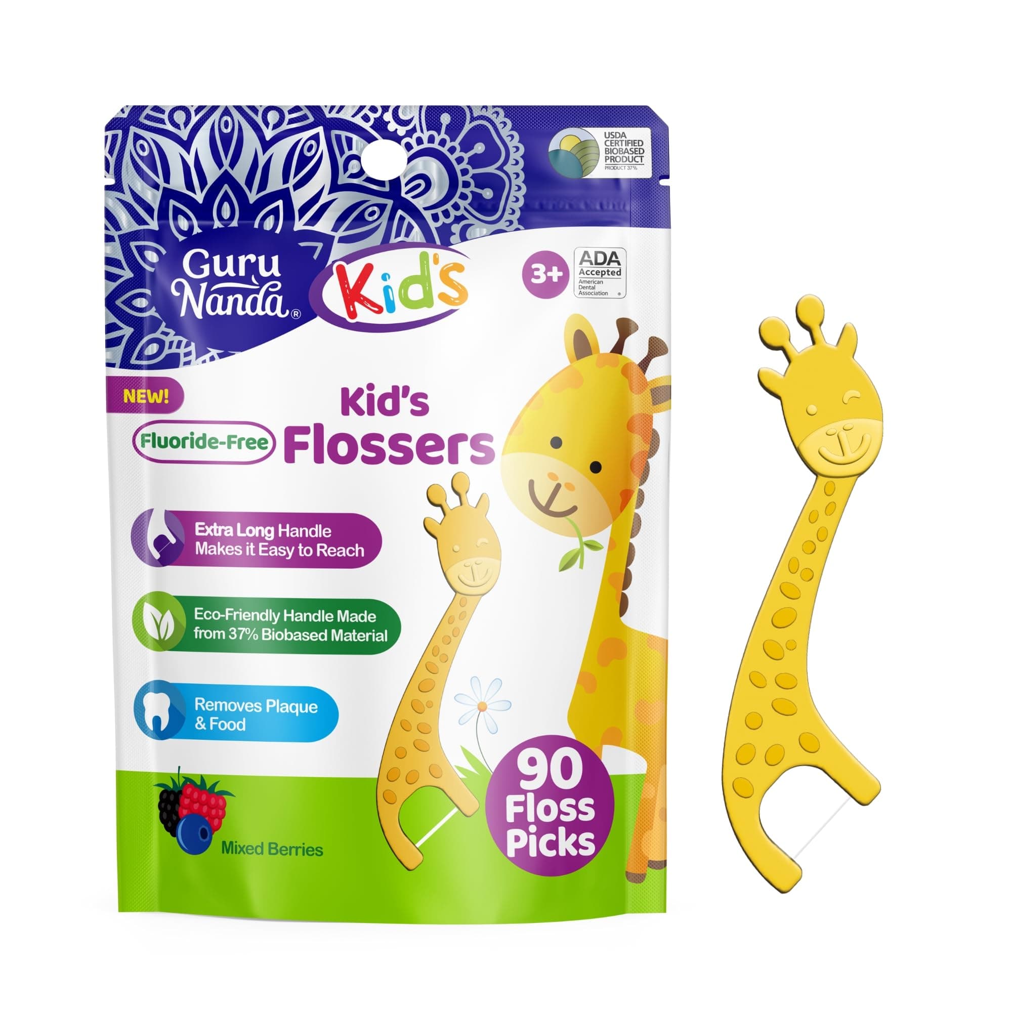 Kid's Flossers, Ages 3+, Mixed Berries, 90 Floss Picks, GuruNanda