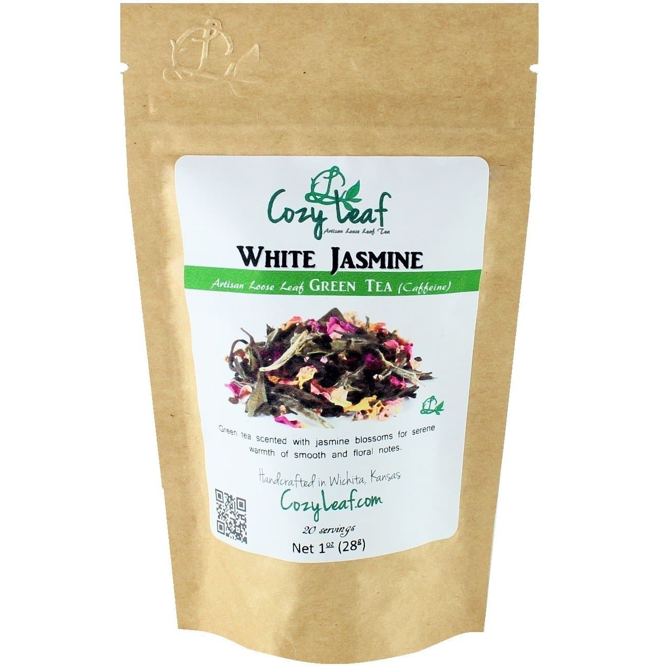WHITE JASMINE - Organic Artisan Loose Leaf Green Tea Blend - FORMULATED and BLENDED by Cozy Leaf in Wichita, Kansas USA