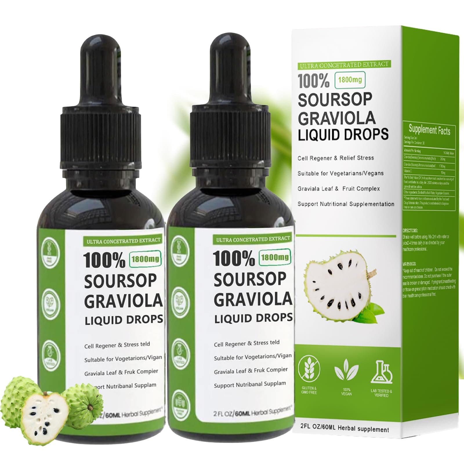 Soursop Graviola Liquid Drop, 100% Organic Pure Soursop Leaves and Fruit Extract, Soursop Bitters Liquid, Soursop Extract Organic Pure 1800mg, Sugar/Gluten Free, Natural Flavor