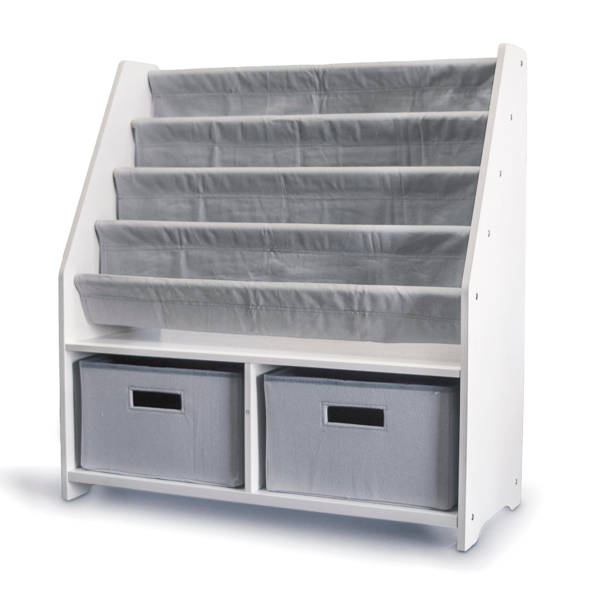 WONKAWOO Kids Sling Bookshelf Wooden Rack, 4 Levels of Canvas Slings for Large Children Books and 2 Storage Bin Boxes for Toys Organizer, White Shelf with Gray Fabric Slings