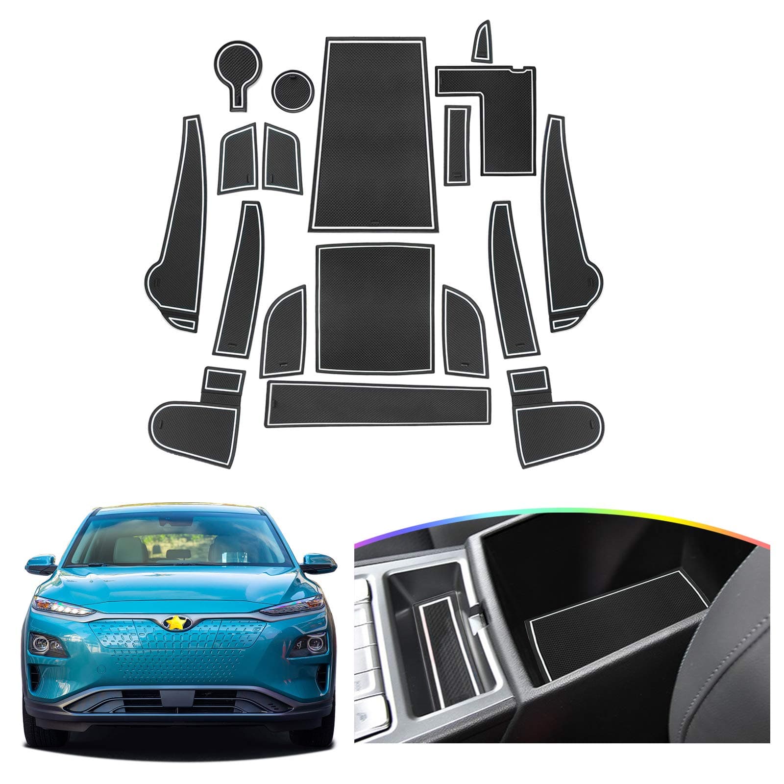 SKTU Door Slot Mat for 2020 2021 2022 Hyundai Kona EV SUV Non-Slip Interior Door Groove Gate Pad Fit Hyundai Kona Door Compartment Cup Center Console Liners Car Accessory Decoration (White)