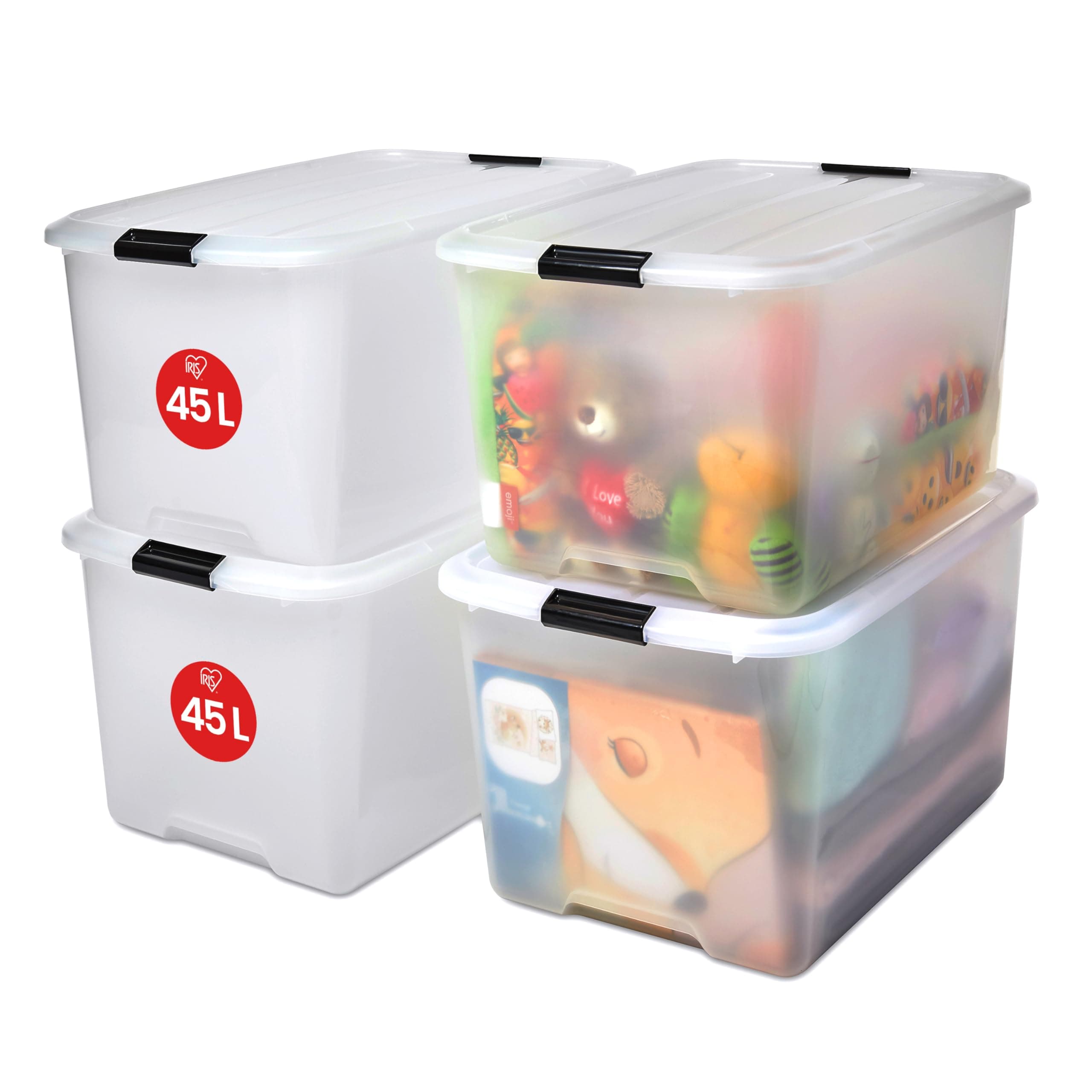 Iris OhyamaPlastic Storage Boxes with Lids, 45L, Set of 4, Clear, Latching Buckles with Handles, Stackable, Nesting, Strong & Durable, For Closet, Garage, Home, Office, Organising Tote Bins, TB-45