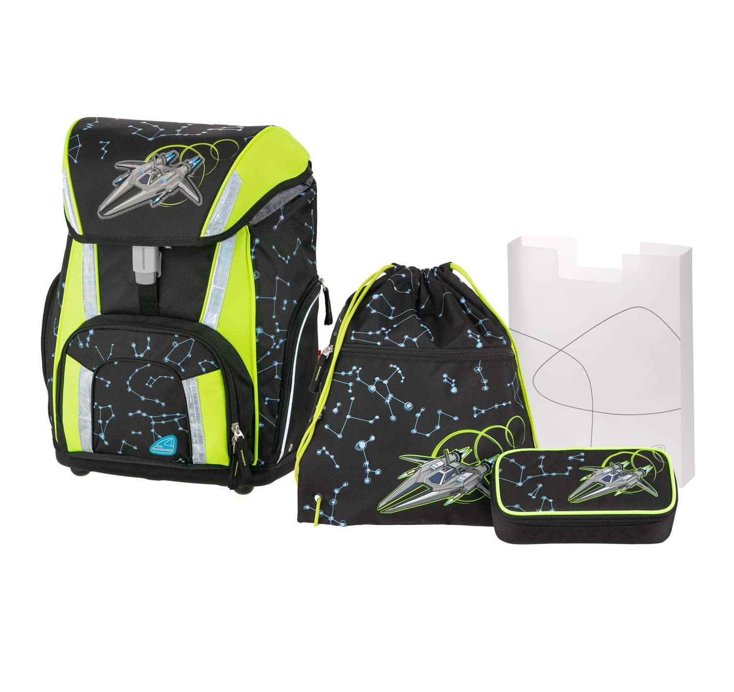 Schneiders Vienna Schulranzenset Smart mit Sportbeutel, Schlamperetui und Heftbox, Space Ship, 4 teilig Schoolbag Set, 41 cm, Black (Schwarz)