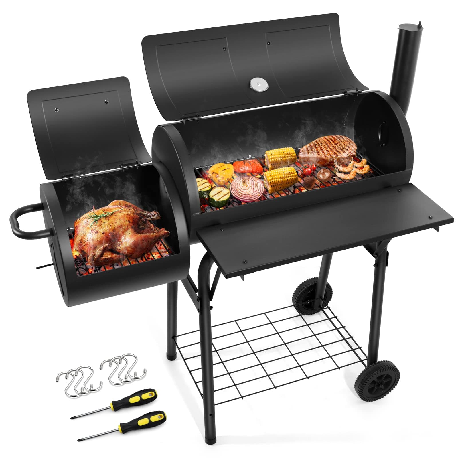 HaSteeL Charcoal Grill with Offset Smoker, Outdoor Barrel BBQ Grill, Camping Barbecue Grill for Patio Backyard Garden Party Picnic, Large 420.SQ.IN Cooking Area, 2 Screwdrivers & 6 Hooks - Black