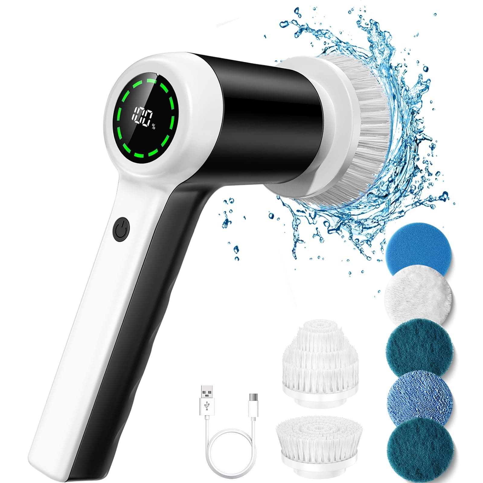 Electric Spin Scrubber, Cordless Shower Scrubbers with Battery Level Display, 2 Speeds Electric Scrubber for Cleaning with 7 Replaceable Heads, Electric Cleaning Brush for Bathroom/Floor/Sink/Window