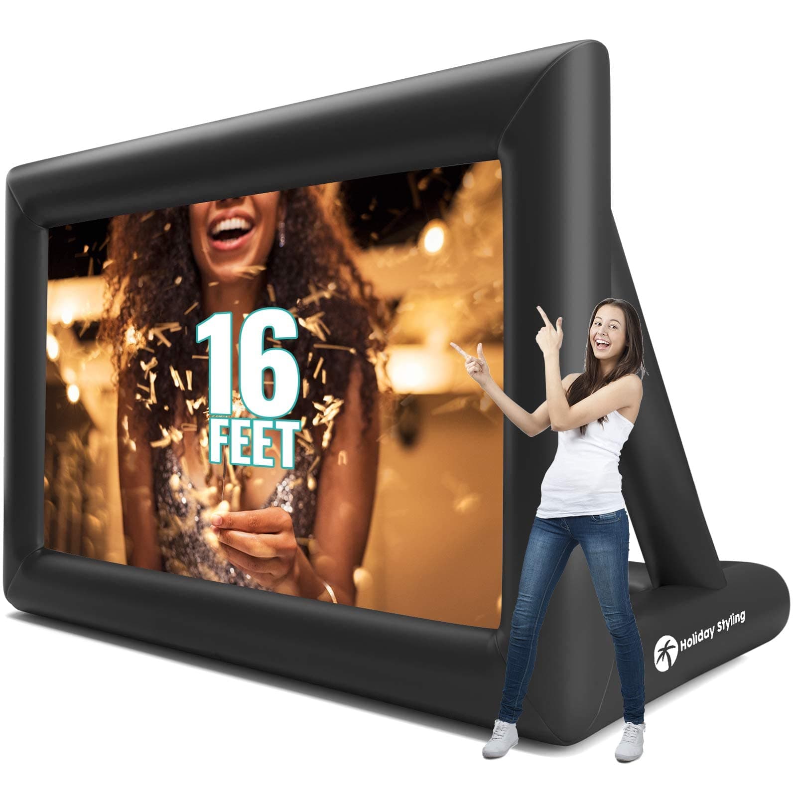 Holiday Styling Inflatable Projector Screen - 16 Ft Blow Up Cinema & Outdoor Stand - Portable Screens w/ Front or Rear Movie Projection & Bonus Storage Bag