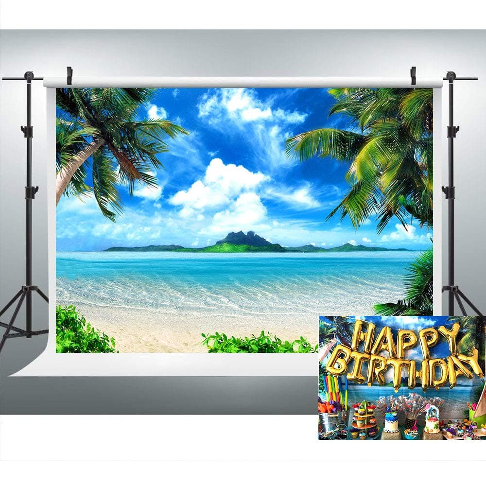 Tropical Beach Trees Photography Backdrop for Summer Pictures, 9x6FT, Blue Sky Sea Ocean Hawaiian Luau Background, for Wedding Photo Booth Portraits Party Business Use LYLU163