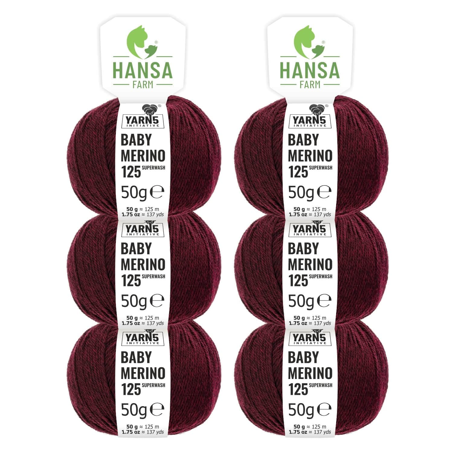 HANSA-FARM 100% extra-fine superwash merino wool in 35+ colours (non-itchy) - 300g set (6 x 50g) - Baby merino wool for knitting and crocheting in 4 yarn thicknesses Wine-Red Heather