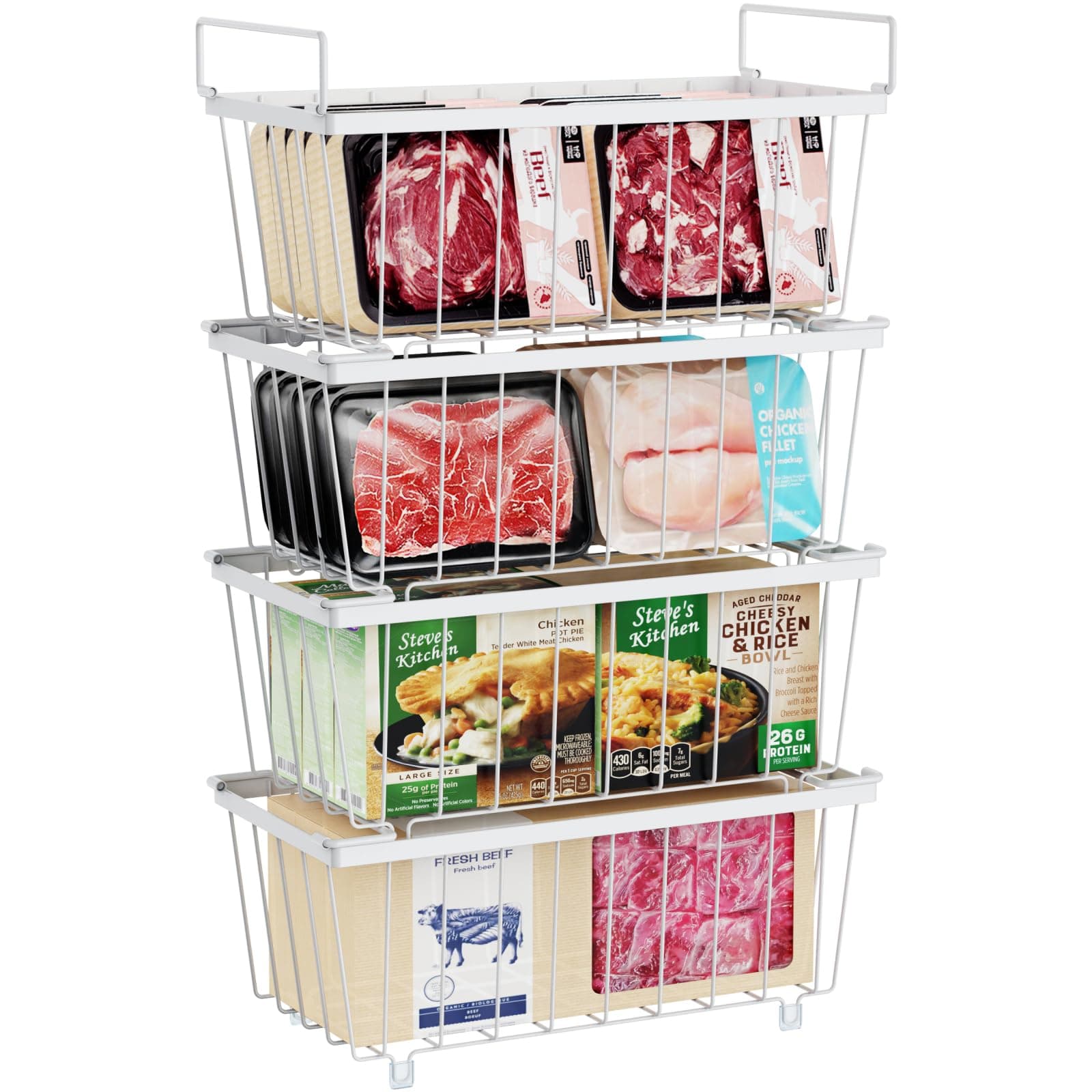 Freezer Organizer Bins - Fits 7 Cu.Ft Chest Freezer, 4 Pack Stackable Wire Baskets(14.7" Length), Heavy Duty Coated Deep Freezer Organizer, Rust Resistant for Frozen Food Sorting, White
