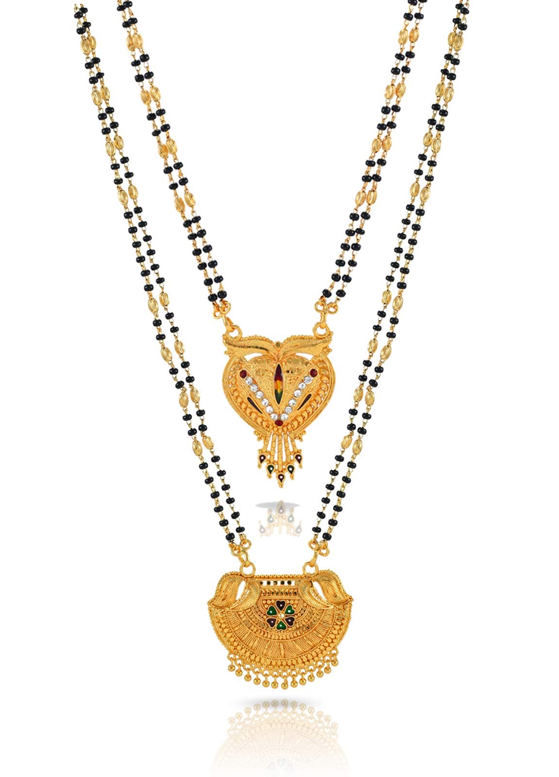 Yellow ChimesCombo of 2 Pcs Ethnic Traditional One Gram Gold Glorious Hand Meena Maharashtrian Style Long Chain Black Beads Mangal sutra Tali/Tanmaniya/Nallapusalu/Mangalsutra for Women