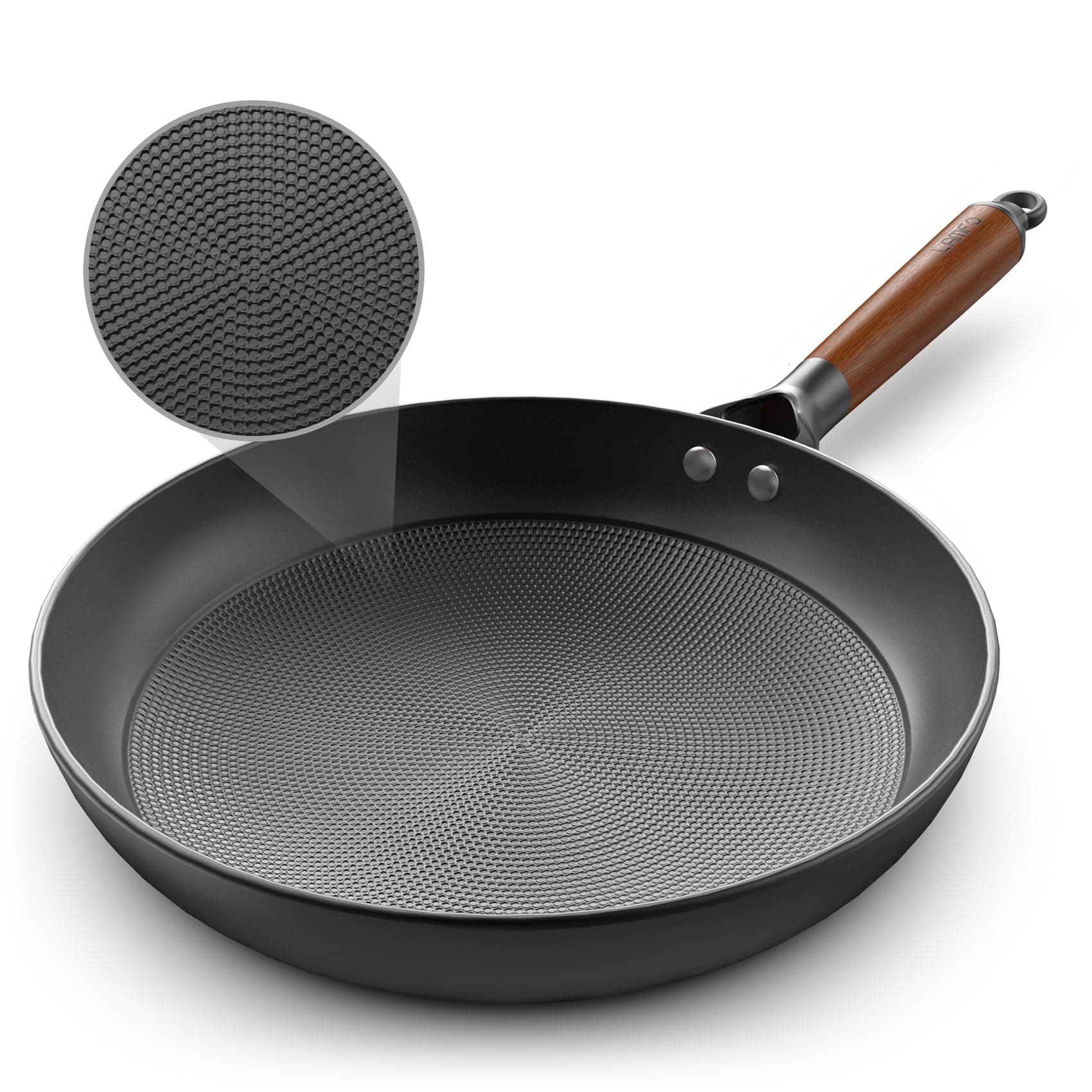 LAMFO Non Stick Frying Pans, 12" Honeycomb Long-Lasting Cast Iron Skillets, Durable Lightweight Cooking Cast Iron Pan w/Detachable Handle, PFAS-Free, Oven Dishwasher Safe, 2024 Upgrade Nonstick Pan