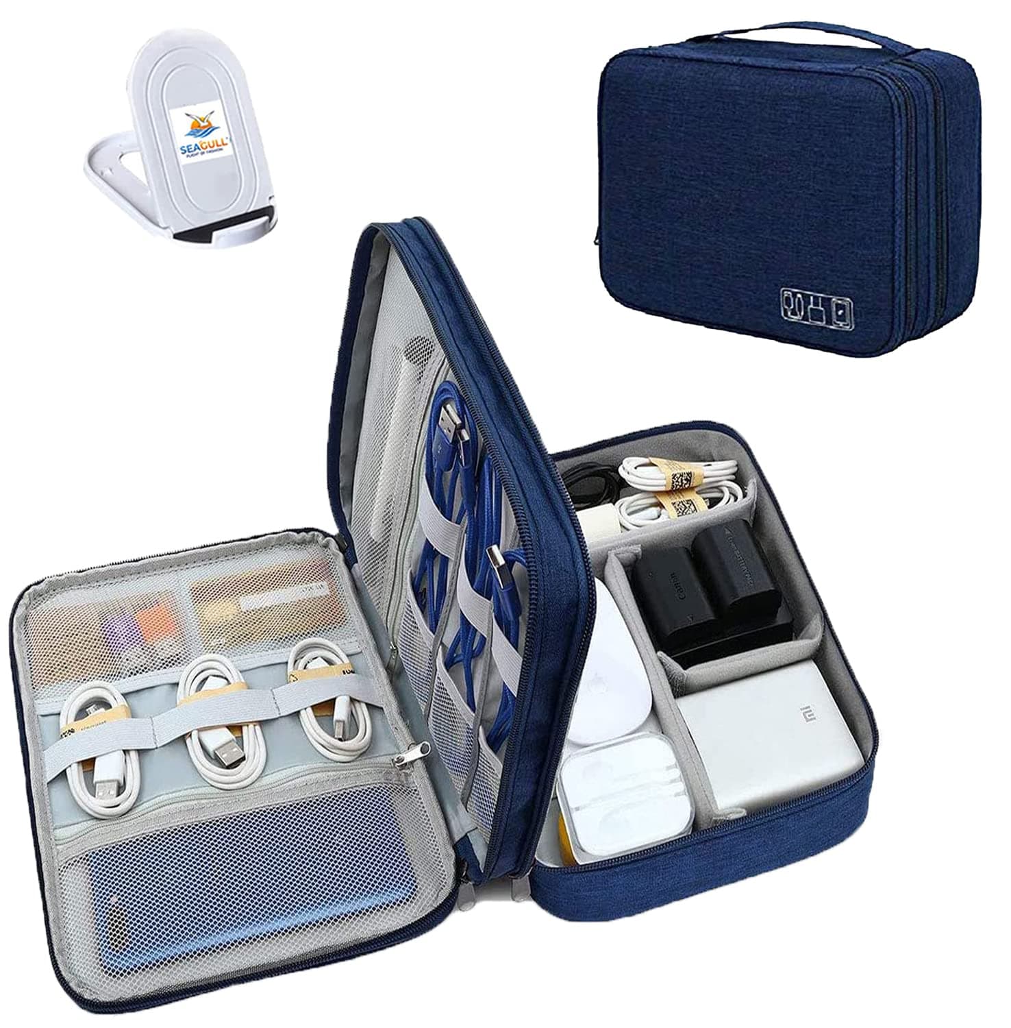 Seagull flight of fashion Nylon Double Layer Electronic Gadget Organizer Case, Cable Organizer Bag For Accessories With Mobile Stand - 27 X 20 X 9 Cm - Navy Blue - Model 1