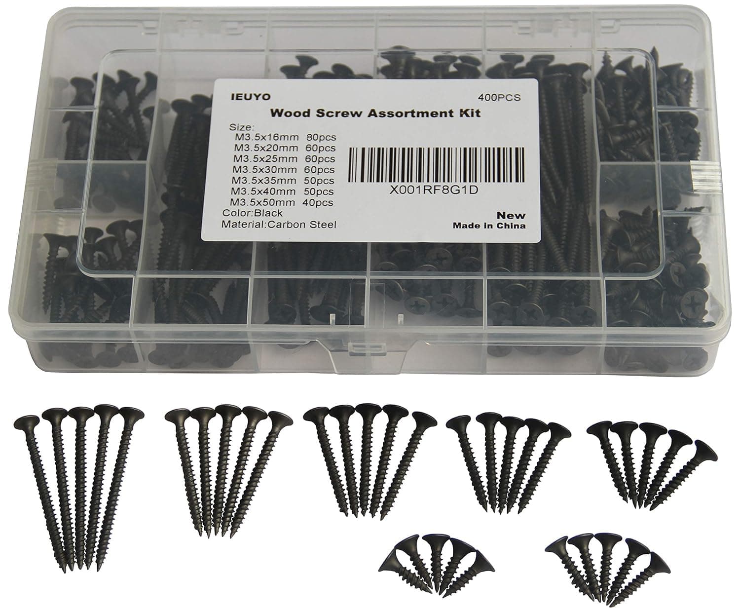 Drywall Sheetrock Screw Wood Screw Assortment Kit Bugle Flat Head Phillips Drive Black Oxide Finish for Drywall Wood (#6) M3.5x16/20/25/30/35/40/50, 400 PCS/7Sizes