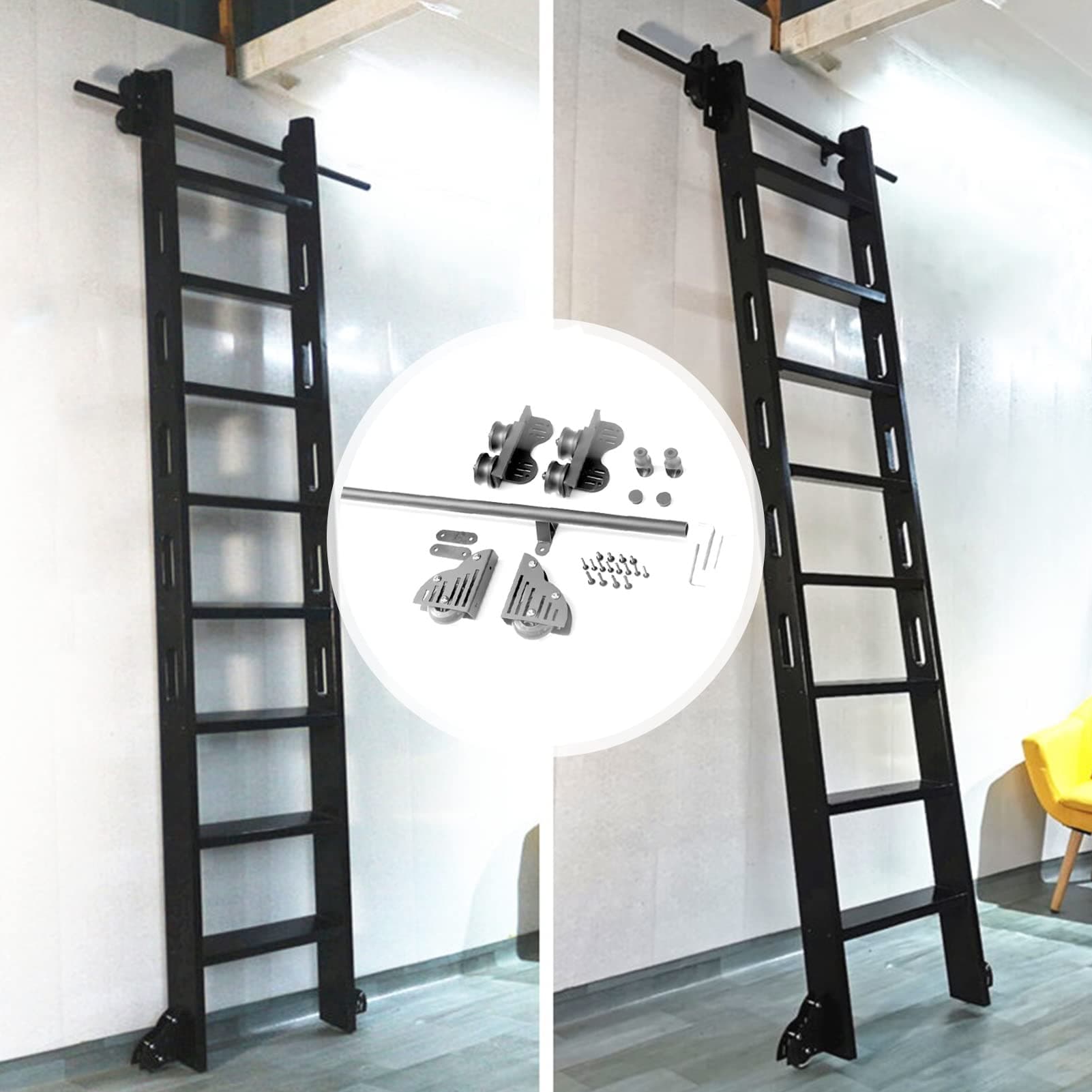 Retractable Rolling Ladder Hardware Library Sliding Ladder Hardware Kit, Complete Set of Hardware for Sliding Ladder Hanging Rail + Extension Rail (No Ladder) (Size : 13ft/400cm Track kit)