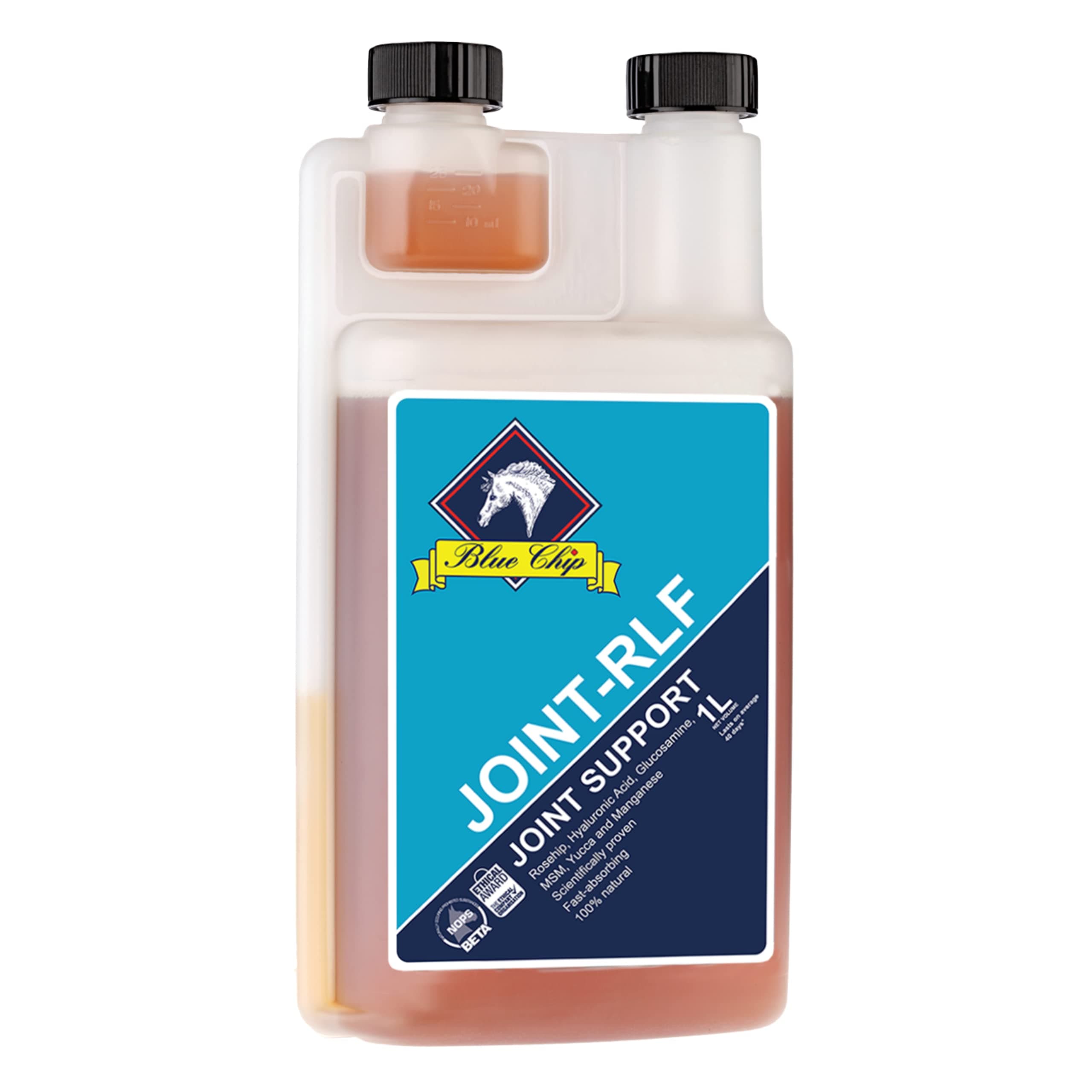 Blue Chip Feed Joint RLF Liquid Joint Supplement for Horses 1 litre. Contains Glucosamine HCL, MSM, Hyaluronic acid (HA), Rosehip extract, Organic Manganese Chelate, Yucca & Vitamin C.