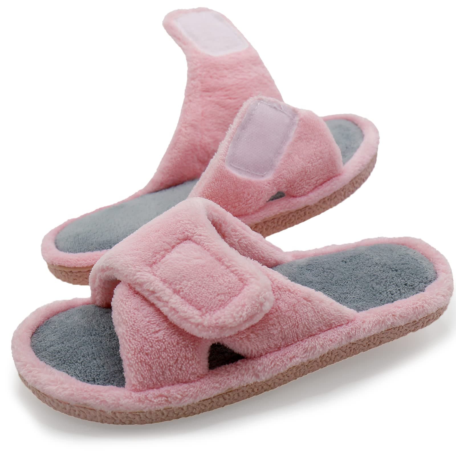 Magtoe Adjustable House Slippers for Women Memory Foam Soft Indoor Shoes Coral Fleece Lined Open Toe Home Slip on Slides Sandals All Seasons