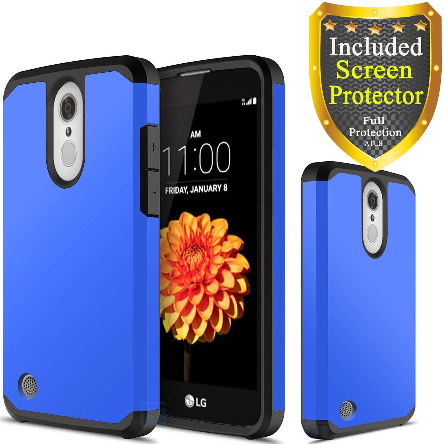 ATUS Hybrid Dual Layer Protective Case Compatible with LG Aristo 3/ Tribute Empire/Aristo 2/Aristo 2 Plus/Zone 4/Tribute Dynasty/Phoenix 3/Fortune 2/Risio 2, with HD Screen Protector (Blue)