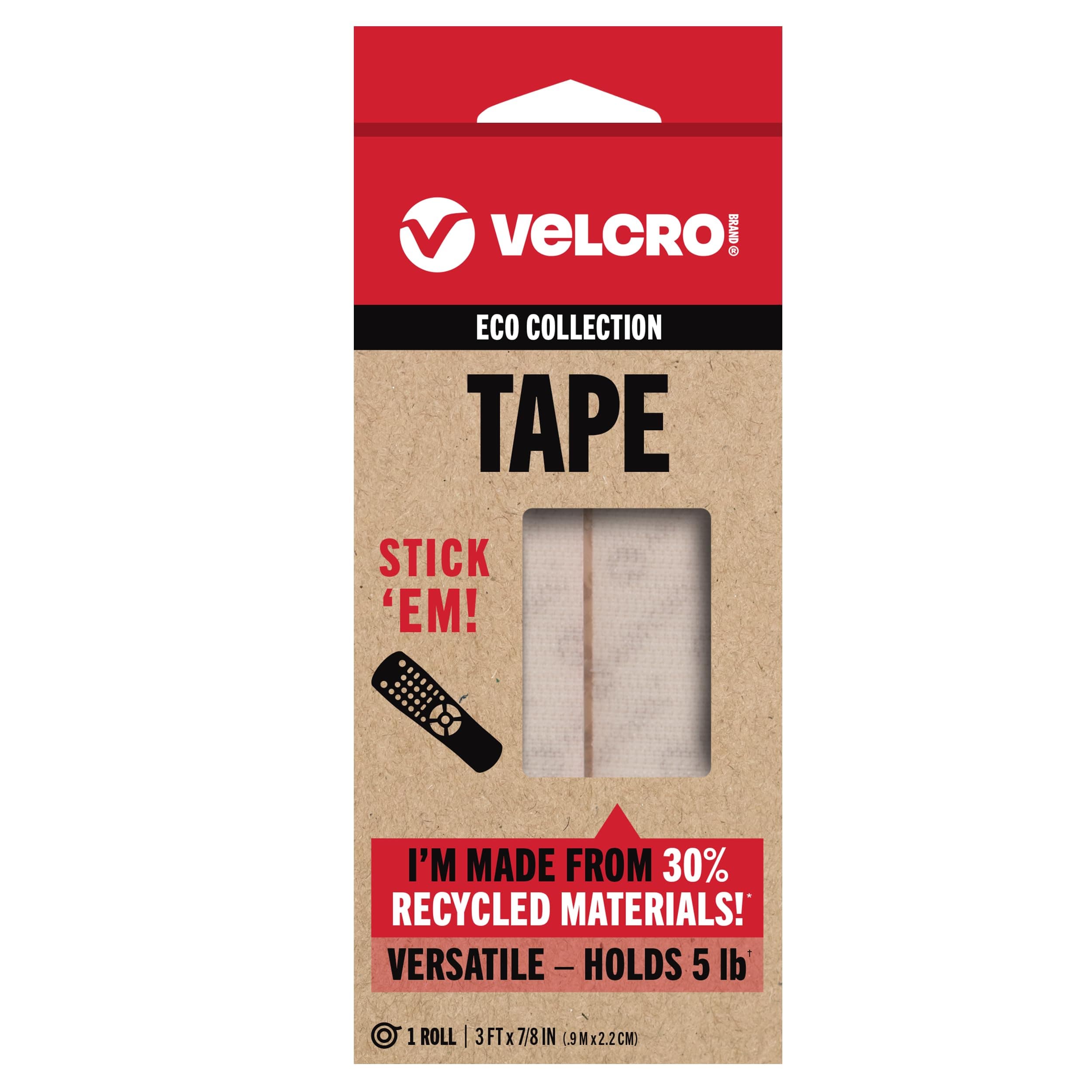 Velcro Brand ECO Collection Tapes, Stick on Adhesive Tape 3ft x 7/8in, Sustainable 30% Recycled Material, White
