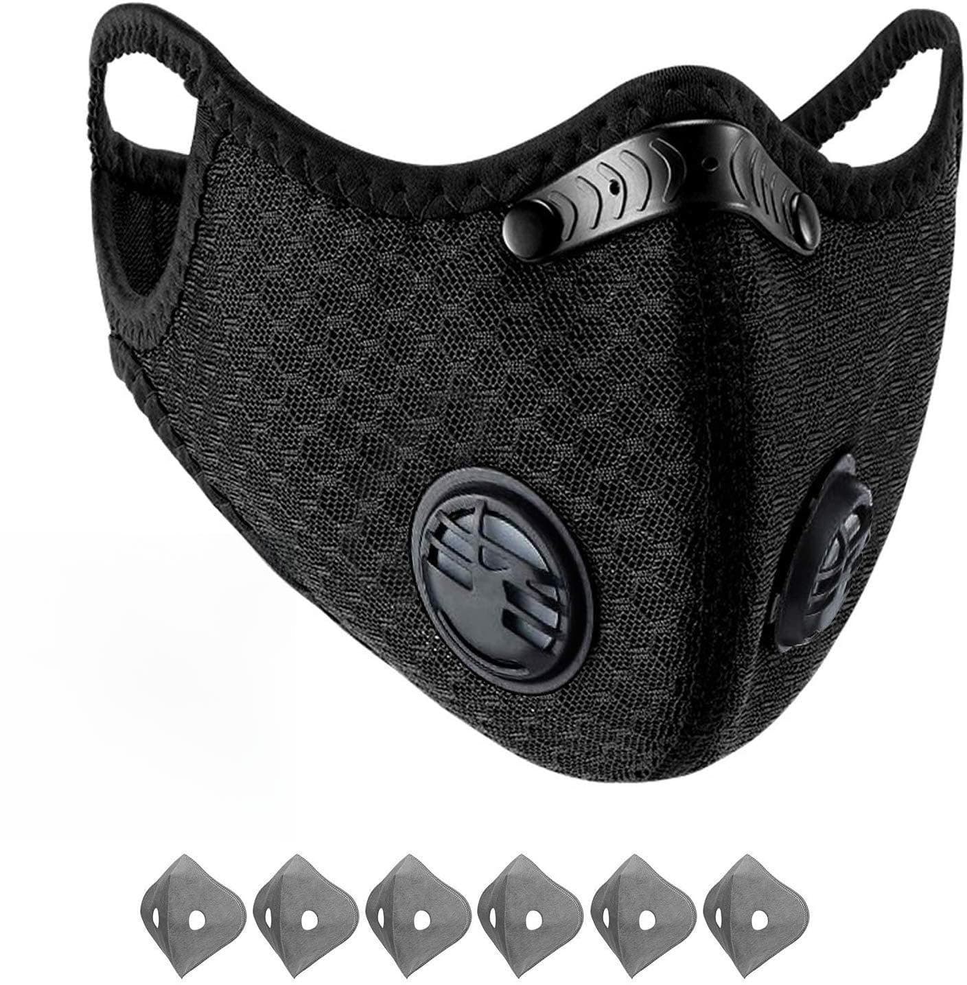 Dust Mask Anti-Pollution Sports Mask with 6 Activated Carbon Filters and 1 Valves Dustproof Face Mask Sheet Mask for Motorcycle Cycling Running Exhaust Fumes Outdoor Activities, Black