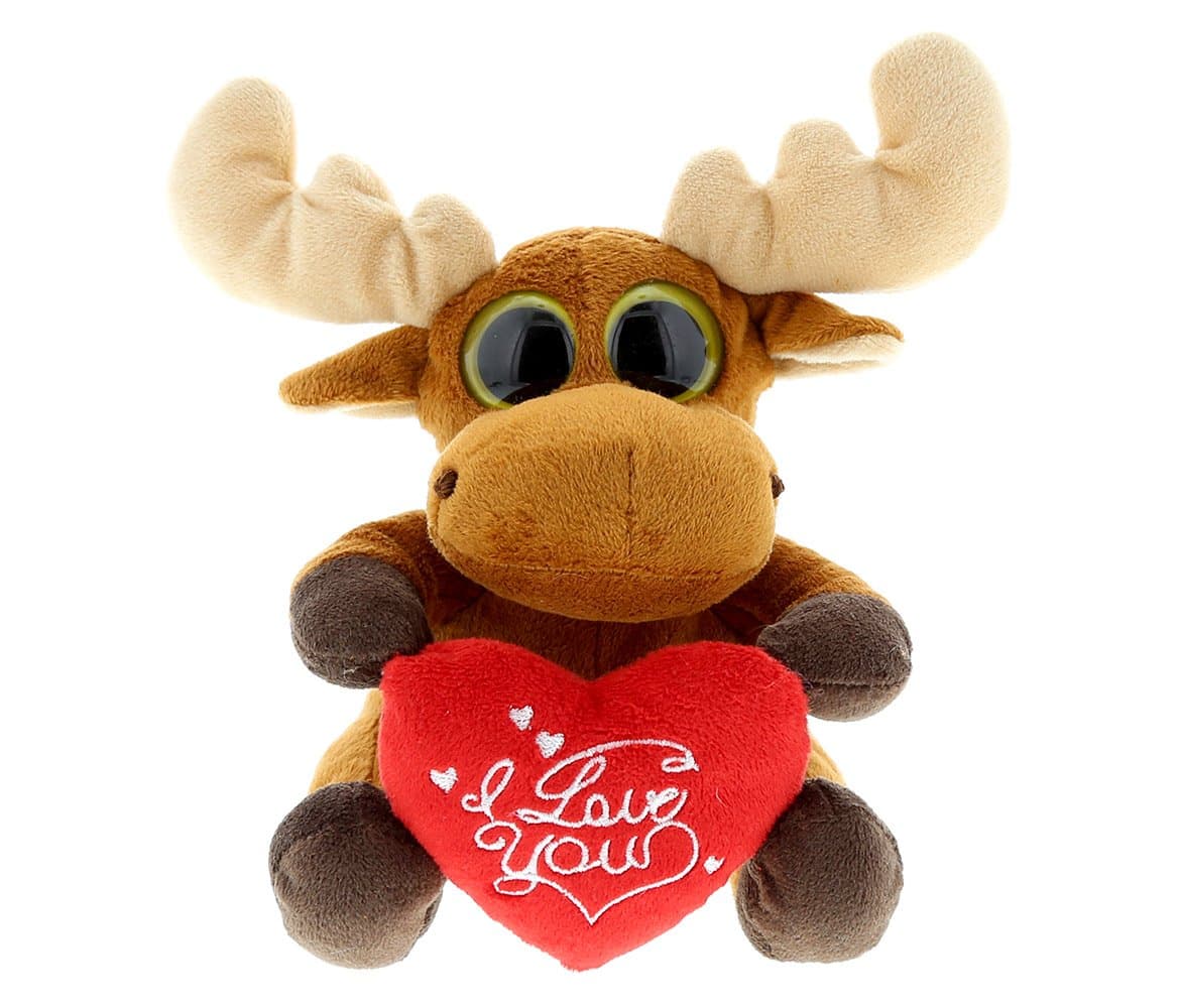 DolliBu I Love You Valentine Plush Big Eye Sitting Moose - Cute Stuffed Animal with Red Heart and Name Personalization Gift for Valentines Day, Birthday, Anniversary - 6 Inches