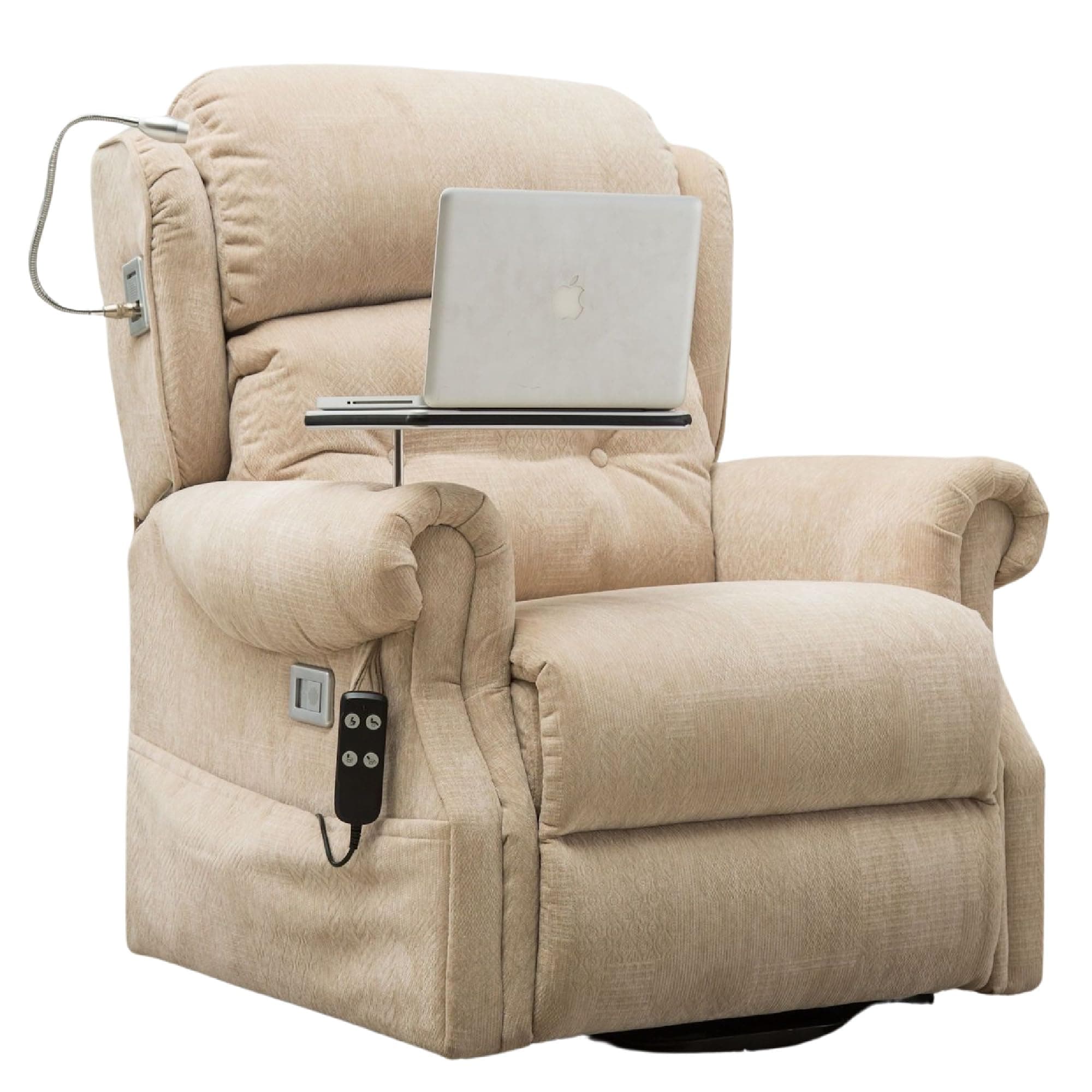Stanbury dual motor riser recliner chair with table, USB charger and reading lamp (Fabric, Dune)