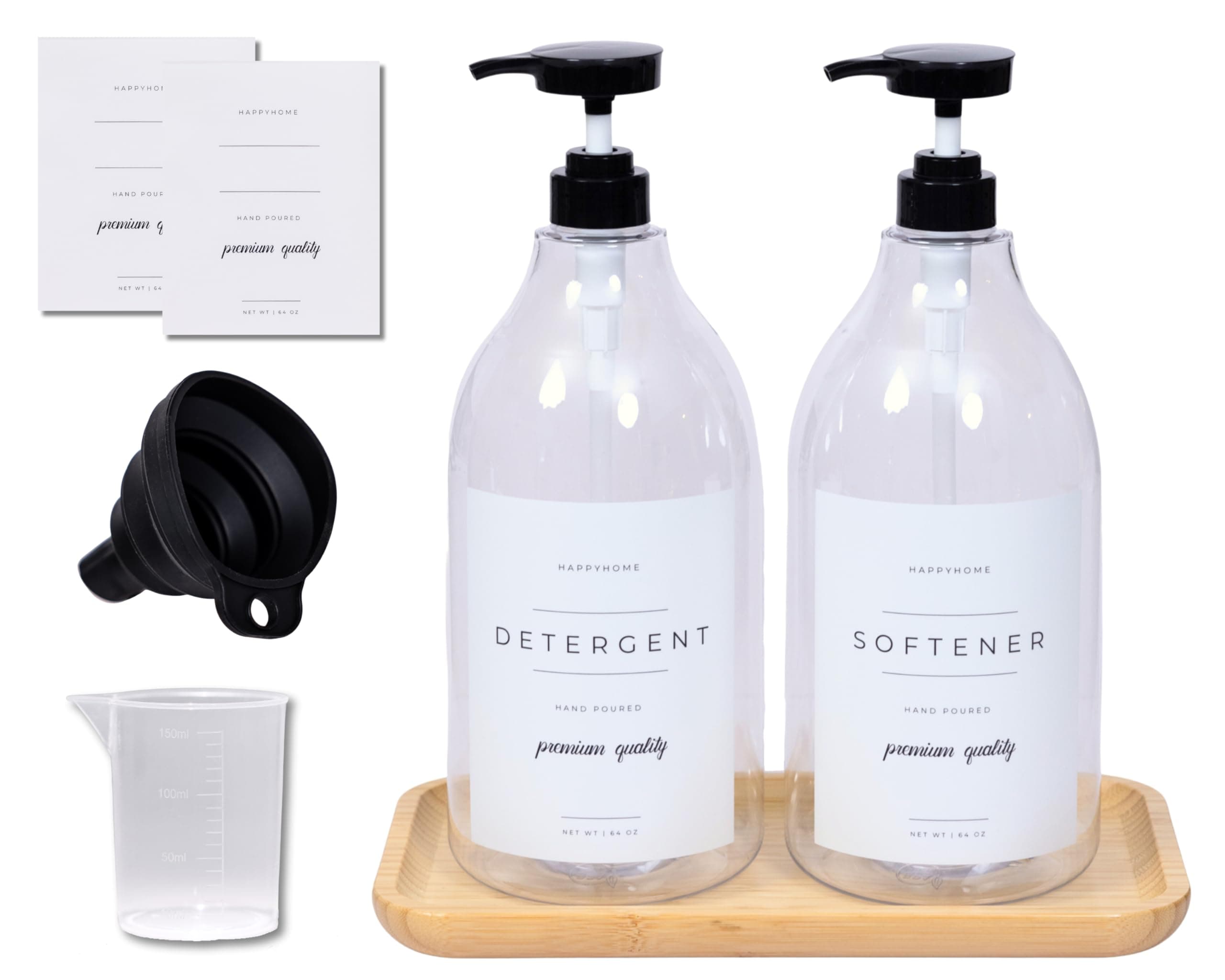 HappyHome Liquid Laundry Detergent Dispenser for Laundry Room - 2 Decorative 64-Oz Containers with Water-Resistant Labels - Plus 2 Pumps and Screw Caps, Collapsible Funnel, Extra Labels & Bamboo Tray