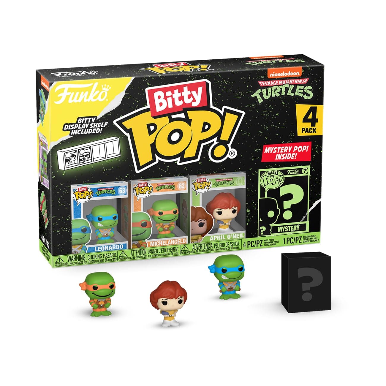 Bitty POP! Teenage Mutant Ninja Turtles - Leonardo, Michelangelo, April O’Neil and A Surprise Mystery Mini Figure - 0.9 Inch (2.2 Cm) - TMNT Collectable - Stackable Display Shelf Included
