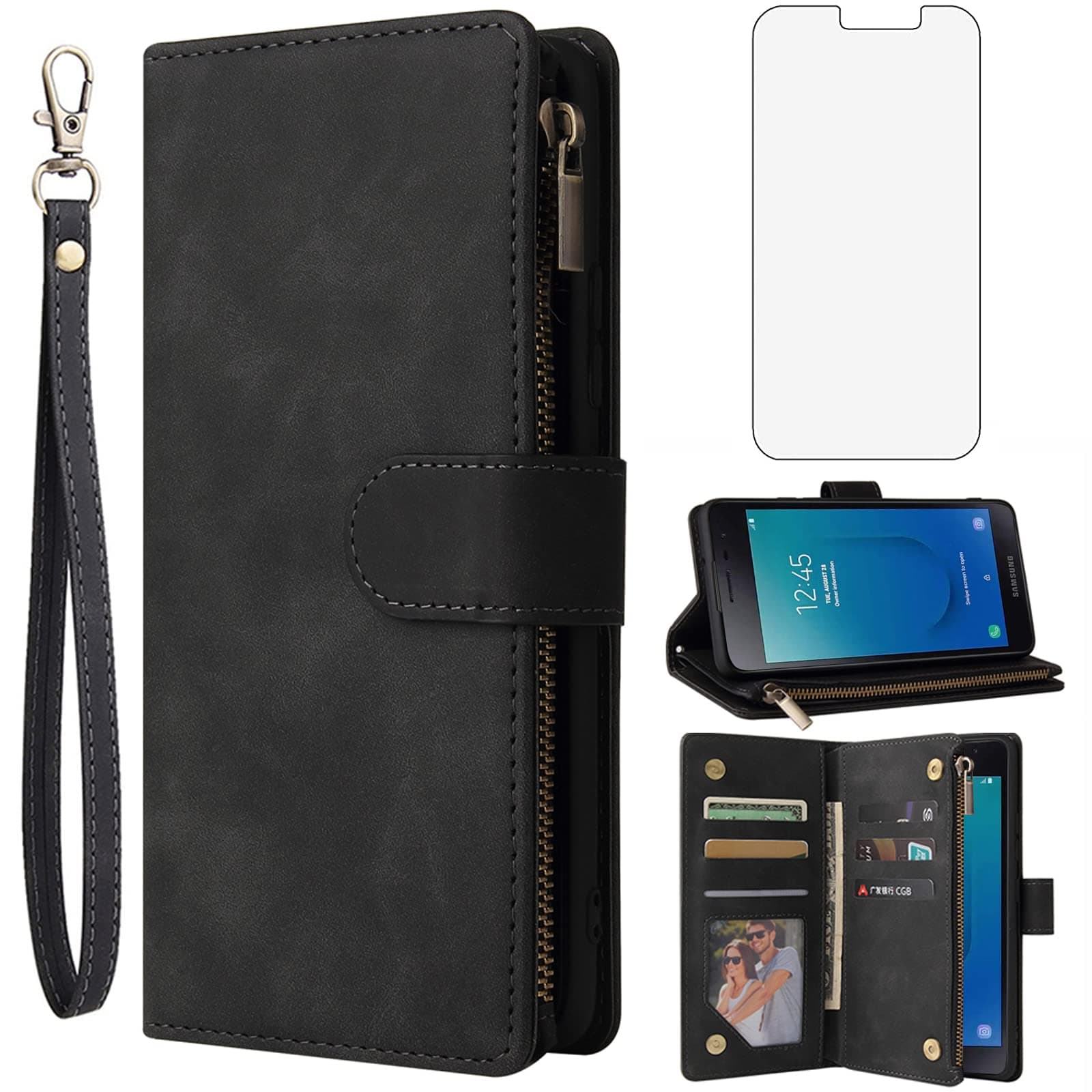 AsuwishCompatible with Samsung Galaxy J2 Pure J2 Core 2018 2020 J 2 Dash 2J Shine 2019 Wallet Case Tempered Glass Screen Protector Flip Cover Phone Cases for J2Core J2Dash J2Pure J2Shine J260A Black