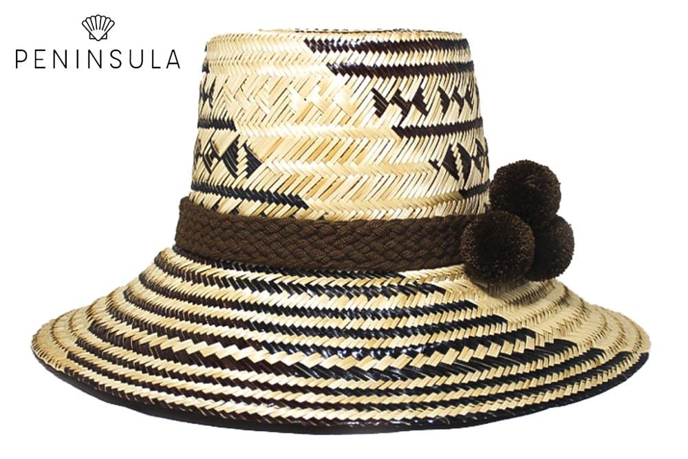 Elegant 100% Iraka Palm Straw Hand-Knitted Wayuu Hand-Made Hat with Brown Patterns & Brown Wool Pompoms (Dark Brown)