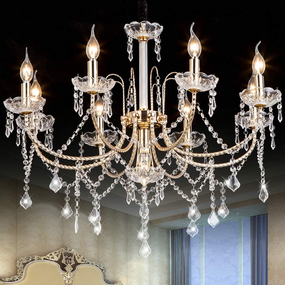 Crystal Chandeliers Lighting Fixture Ceiling Lights Fixture with Adjustable Height 9 Lights for Dining Room Chandelier, Corridor, Indoor, Modern Furniture for Living Room, Bedroom, Golden