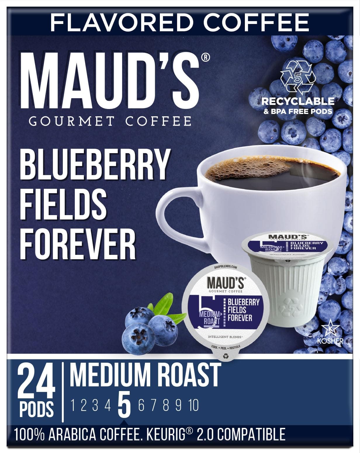 MAUD'SBlueberry Flavored Coffee Pods, 24 ct, Medium Roast Flavored Coffee in Recyclable Single Serve Pods – 100% Arabica Coffee, Compatible with Keurig K Cups Maker