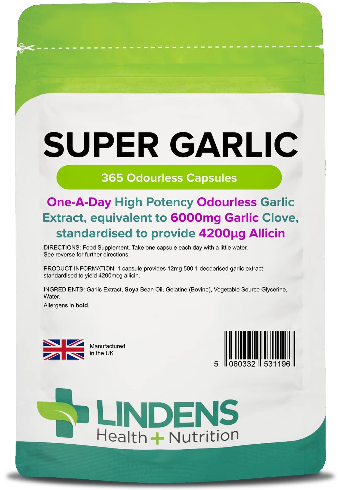 Lindens Super Garlic, 365 Odourless Capsules - High Strength 6000mg (4200mcg Allicin) - Contributes to Normal Muscle Function, Heart and Immune Health - UK Made, Letterbox Friendly