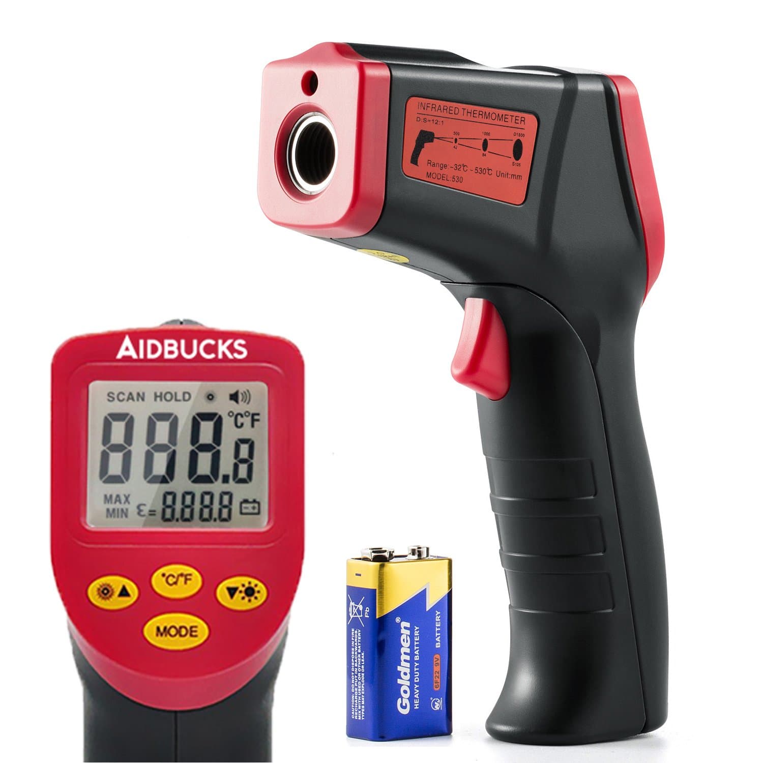 Digital Infrared Thermometer Aidbucks A530 Non-contact Laser Temperature Gun Tester Industrial Electric IR Thermometer -32℃ to 530℃(-26°F to 986°F)