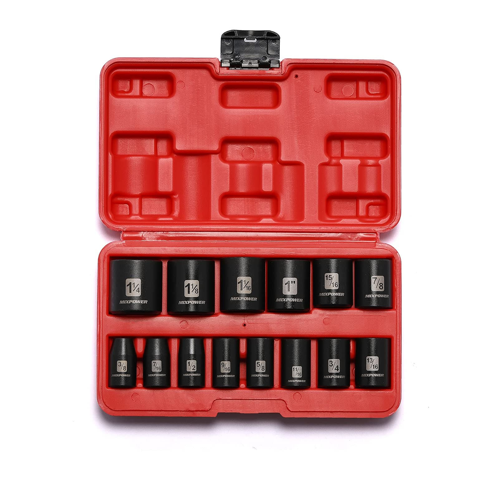 MIXPOWER 14 Pieces 1/2-Inch Drive Shallow Impact Socket Set, 3/8-Inch to 1-1/4-Inch, CR-V, SAE, 6 Point, Shallow, 14 Pieces 1/2" Dr. Shallow Socket