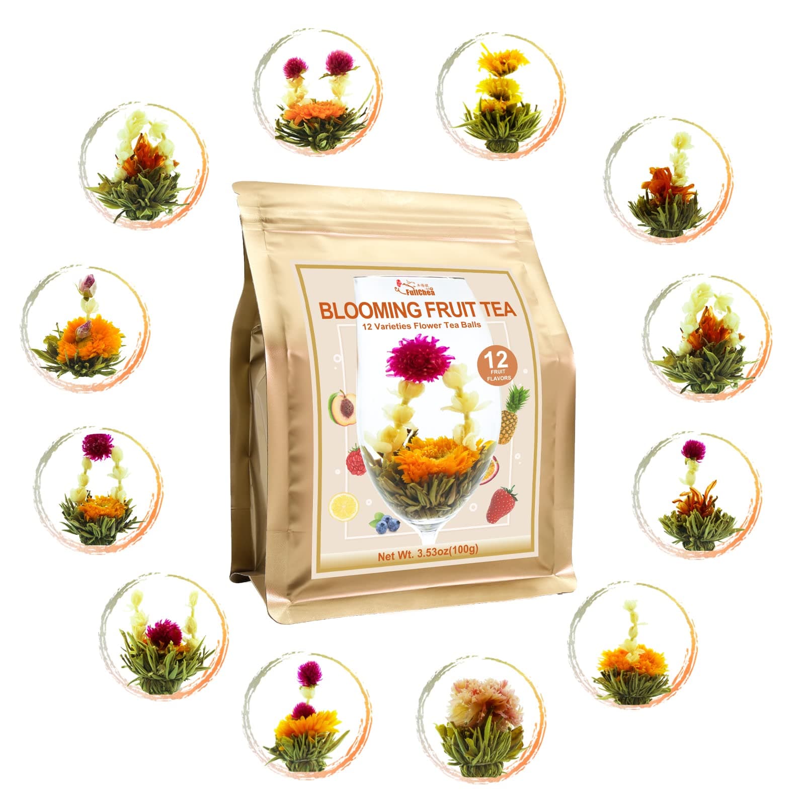 FullChea Blooming Flowering Tea, 12 Unique Varieties - 12 Delicious Fruit Flavors - Gift For Tea Lovers, Anniversary, Valentine, Birthday