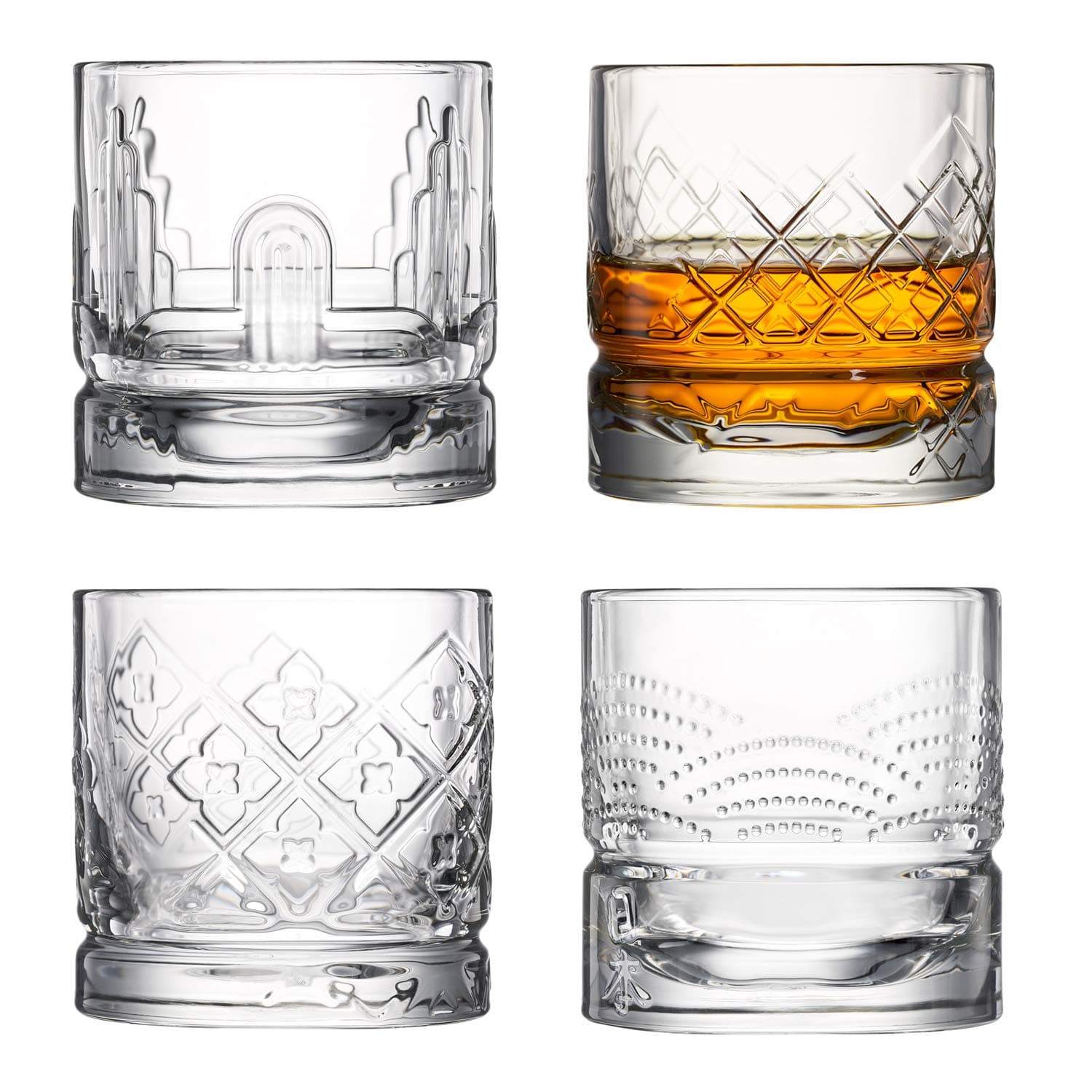 La Rochere Dandy Whiskey Glasses Set of 4 – French Pressed Glass Whiskey Tumblers with Symbolic Designs of Scotland, Ireland, USA & Japan – Authentic French Craftsmanship for Spirits Rituals (10 oz)