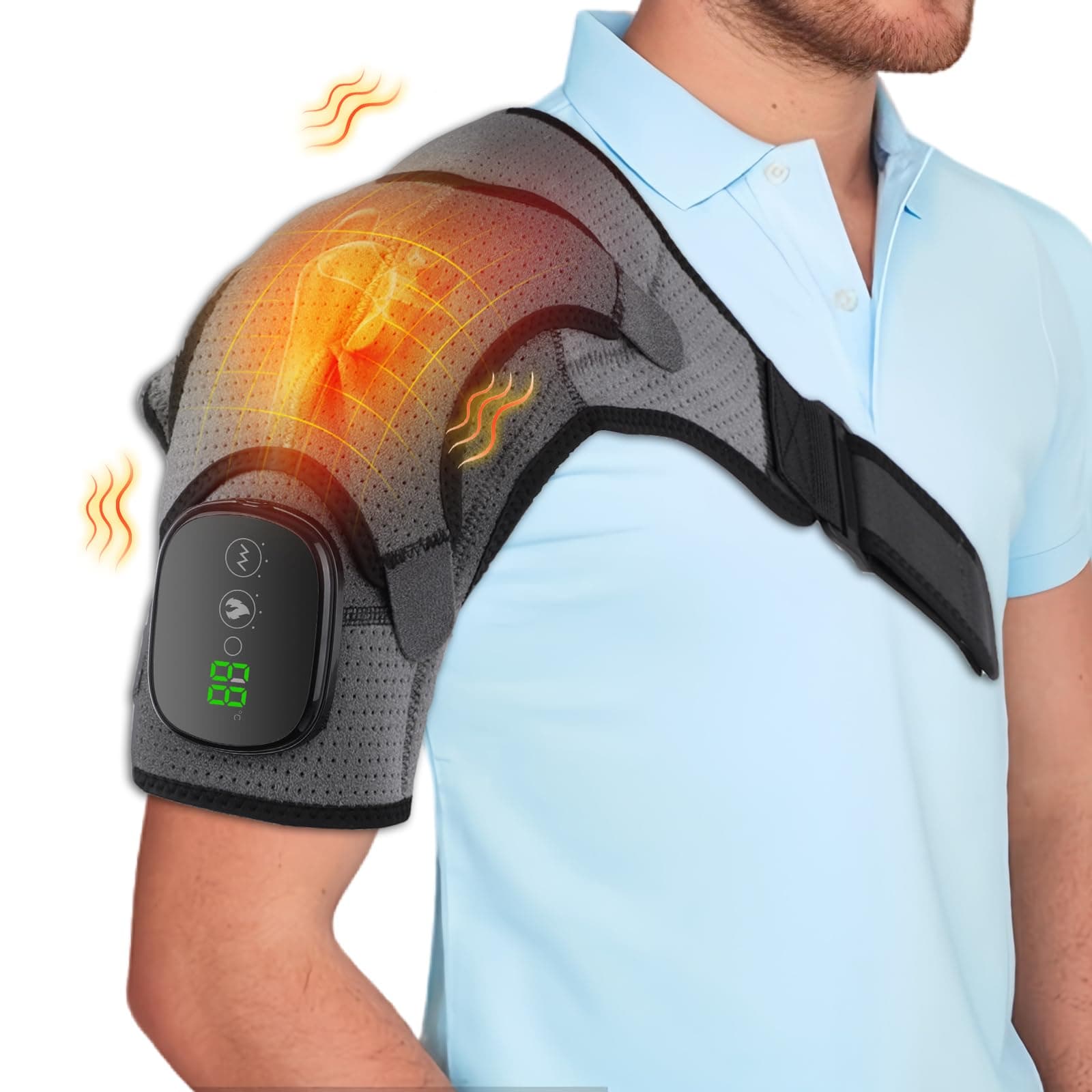 AGWIM Cordless Heated Shoulder Brace Wrap, Heating Pad with Massage, 3 Heat & Vibration, 5000mAh Battery Powered, Shoulder Massager for Men Women