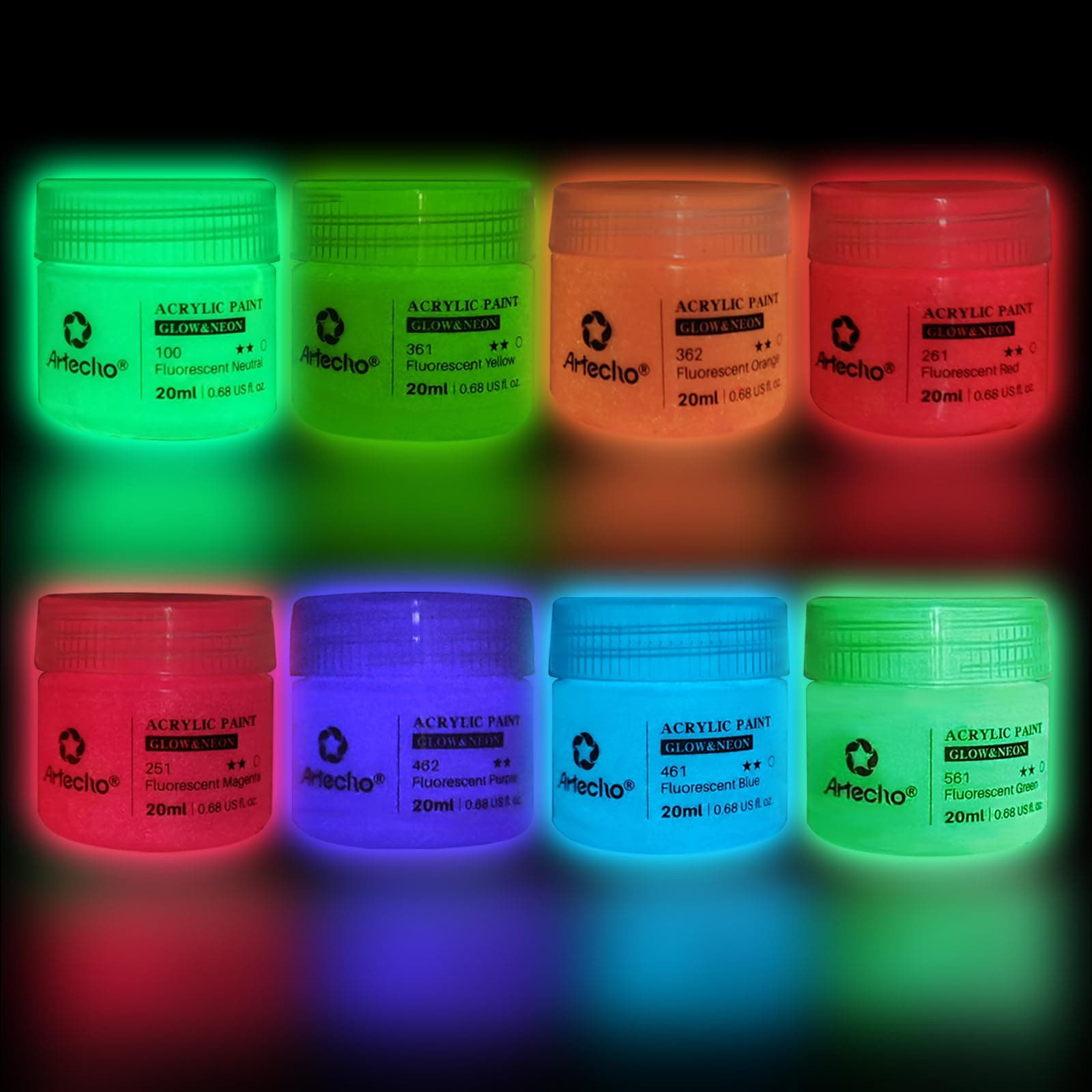 Artecho Glow in the Dark Paint-Set of 8 Colors, 20 ml/0.7 oz Acrylic Paint for Decoration, Art Painting, Outdoor and Indoor Art Craft, Supplies for Canvas, Rock, Wood, Waterproof