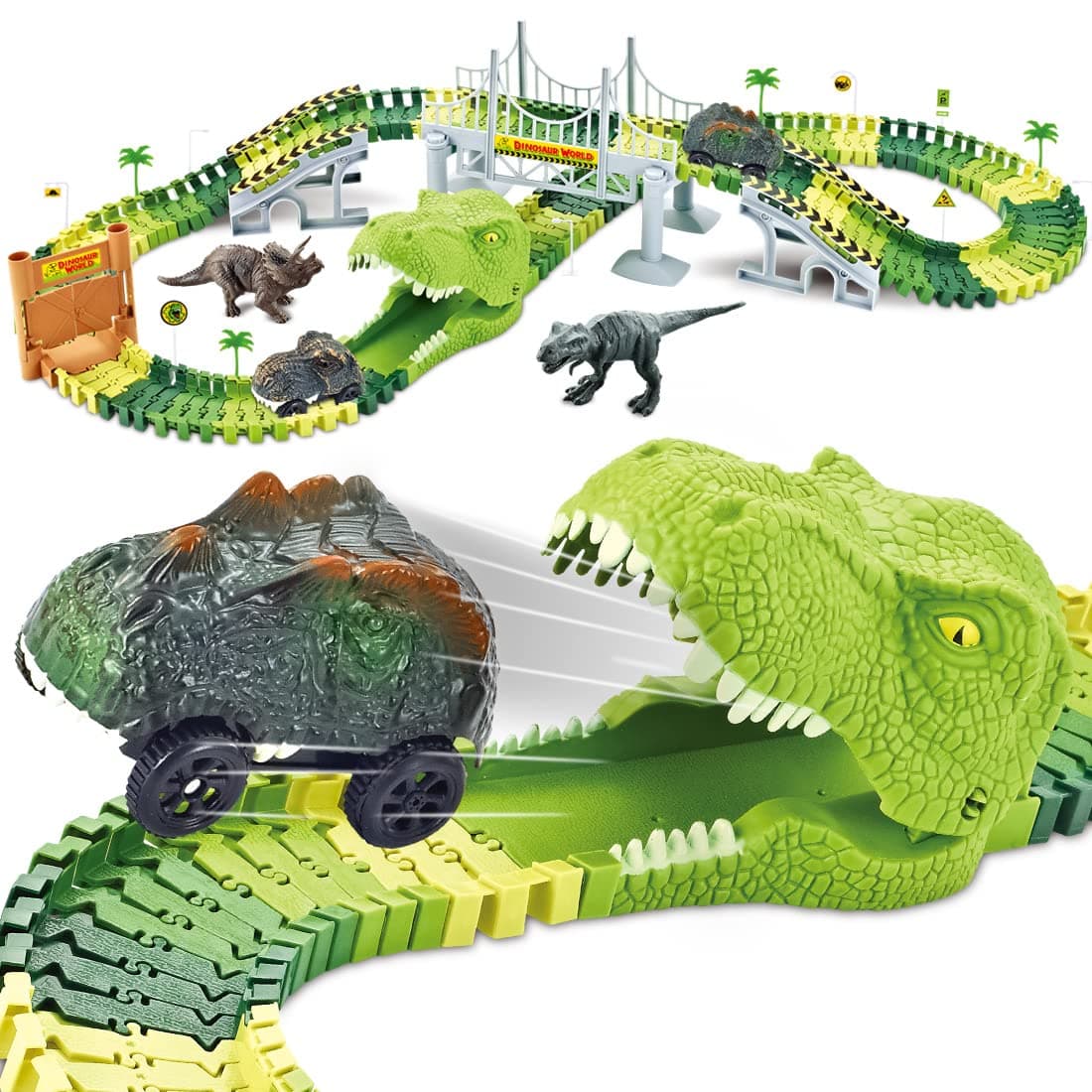 HEDGBOBO Race Track Dinosaur Create A Road 2 Toy Cars 2 Dinosaurs 142 Piece Flexible Track Train Playset
