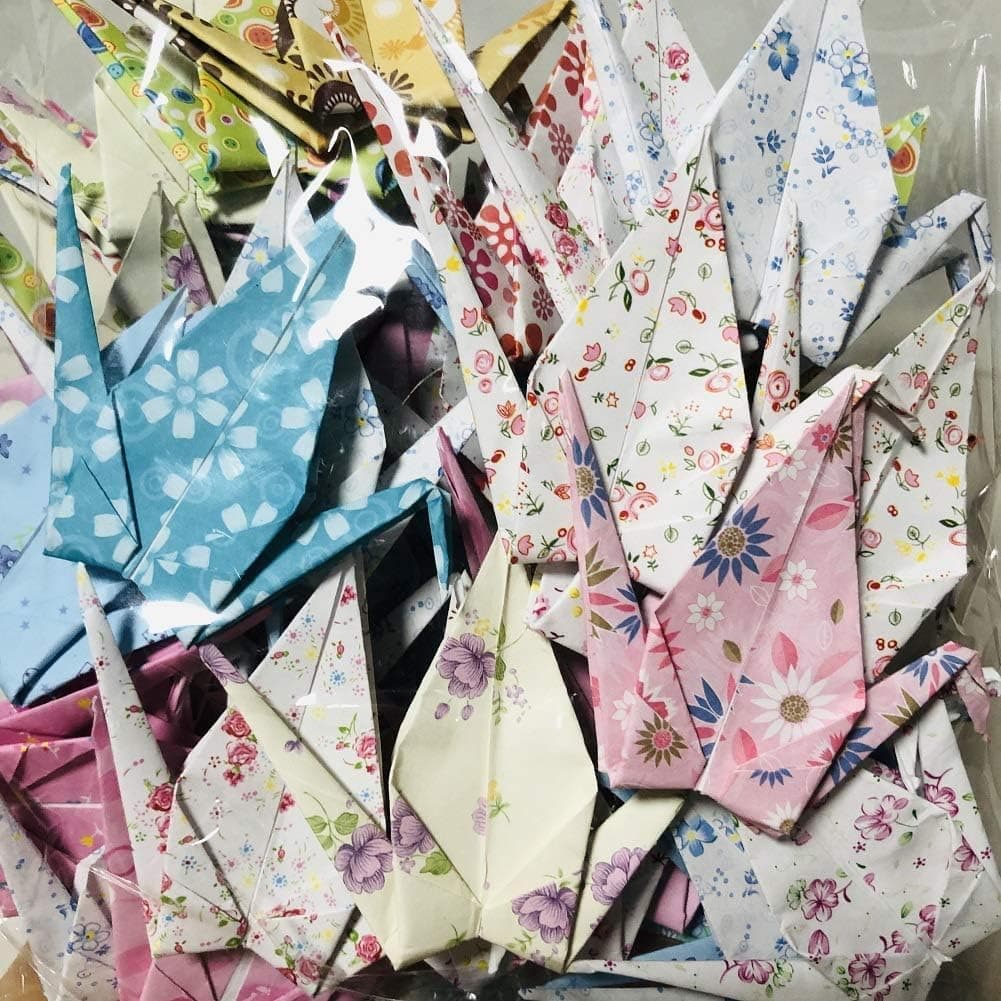 72PCS Premade Floral Origami Paper Cranes Folded Handmade DIY Bird Garlands for Wedding Party Birthday Baby Shower Tea Pparty Favors Hanging Backdrop Décor Peace Dove-Happiness Good Luck (A)