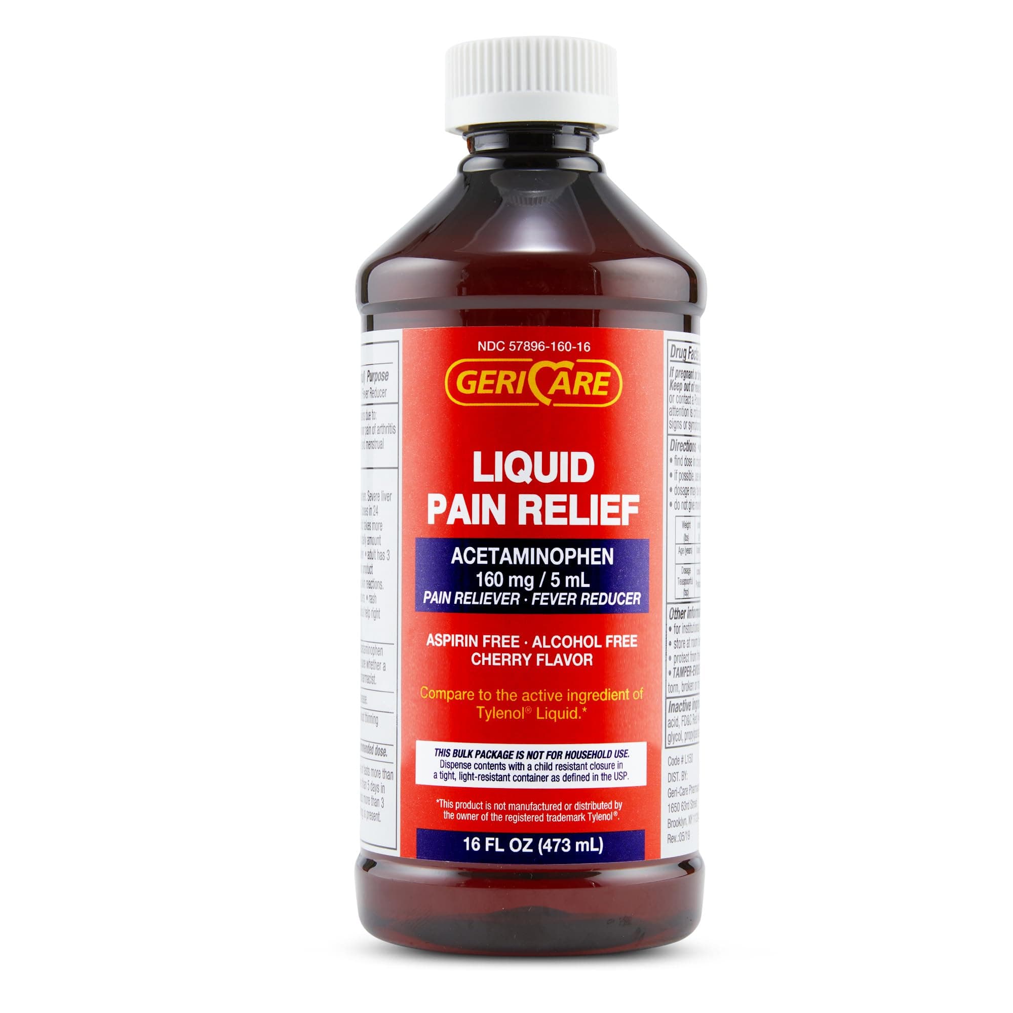 Liquid Acetaminophen for Adults & Kids, 16oz Bottle Cherry Flavored Acetaminophen for Headache, Muscle Ache, Toothache, Menstrual Pain- Fever Reducer & Liquid Pain Reliever, 160mg Per 5ml