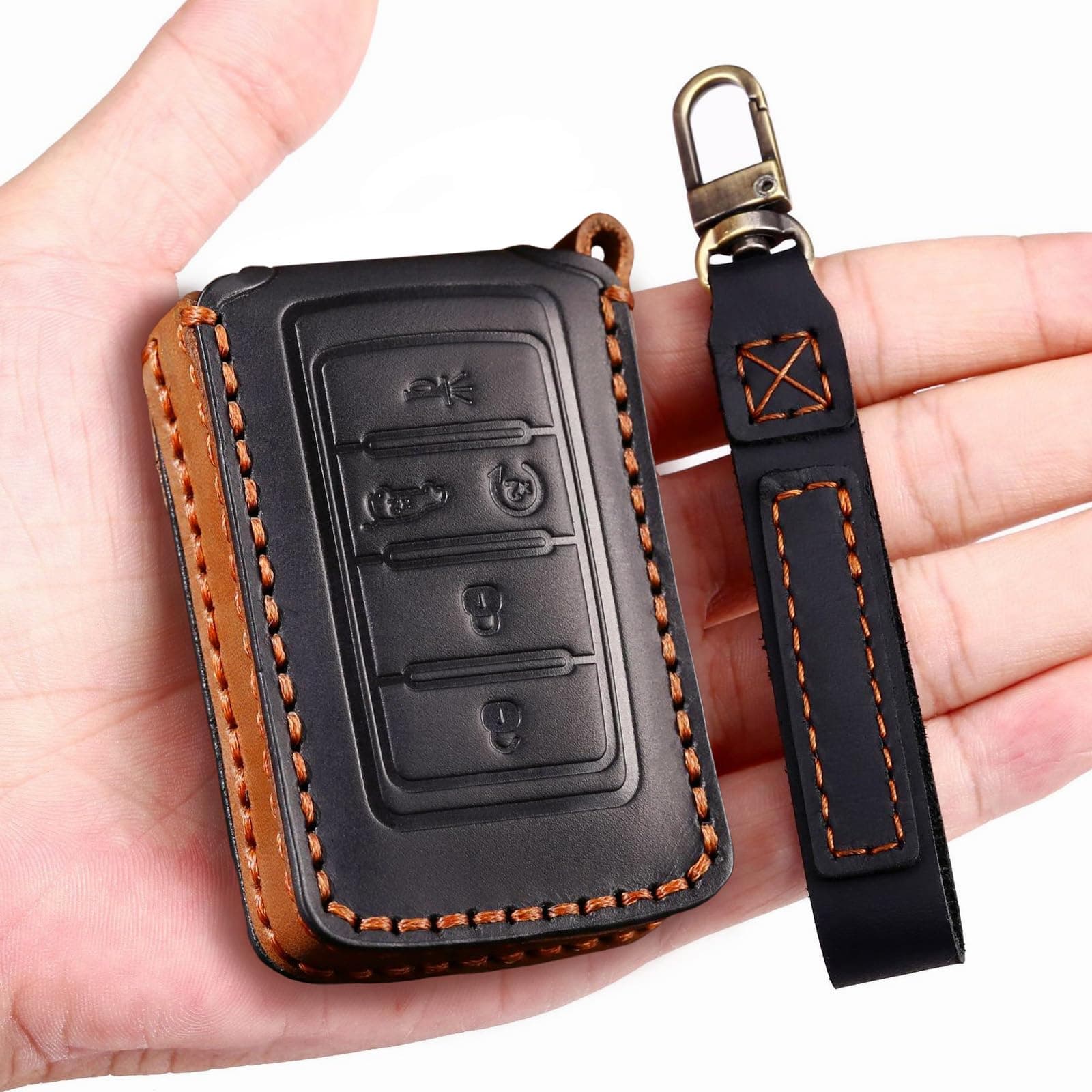 EASYANTLeather Key Fob Cover for Jeep 2021-2025 Grand Cherokee L Grand Wagoneer Key Case Protector keychain Smart Key Holder Black 5 Button