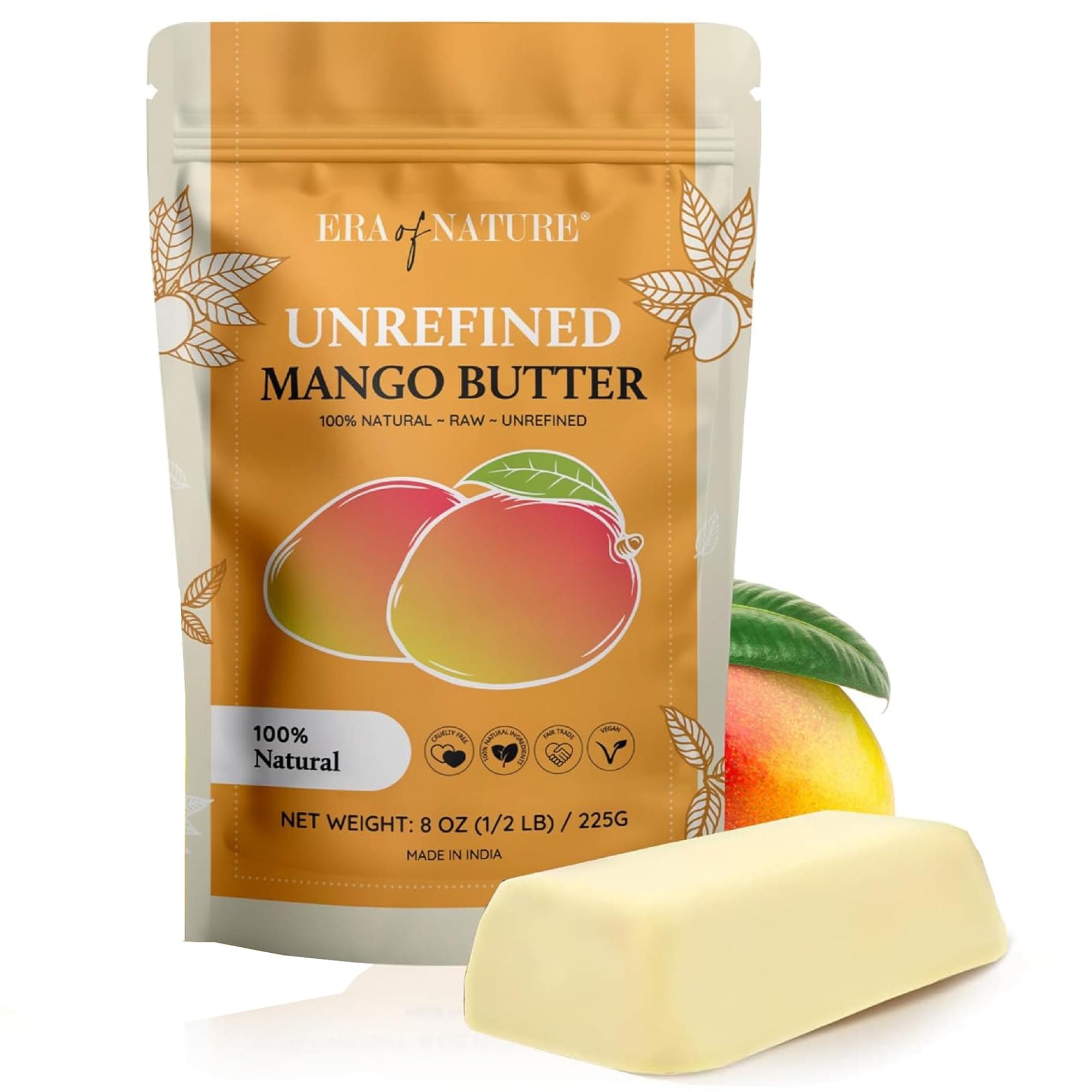 Hera Nature Raw Unrefined Mango Butter Bar Amazing Moisturizer Use Alone or in DIY Body Butters Soaps Lotions and lip balm - 100 Percent Pure and Fresh (USA) - 1/2 lb (8 oz)