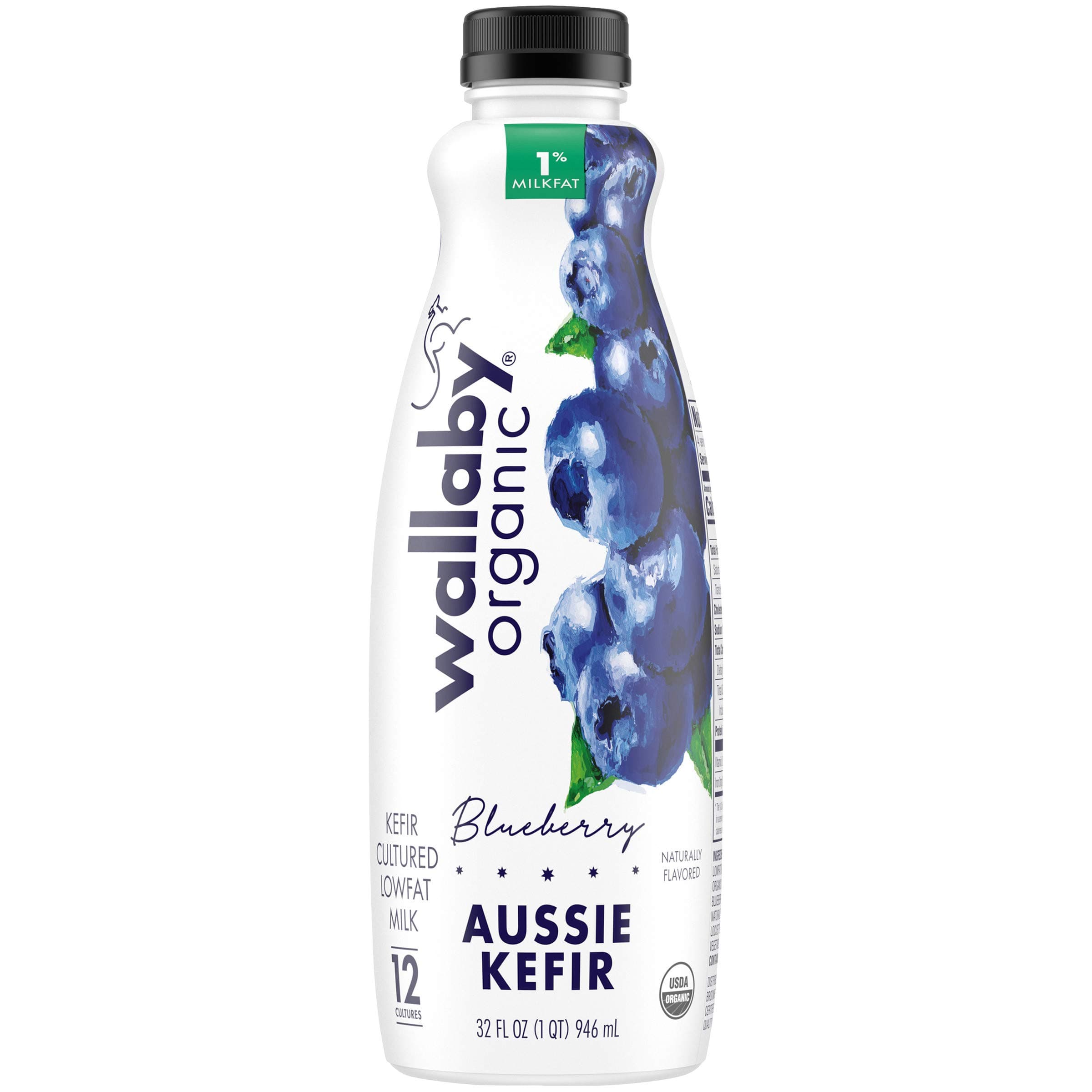 Wallaby Organic Aussie Lowfat Probiotic Kefir, Blueberry, USDA Organic, 32 oz.