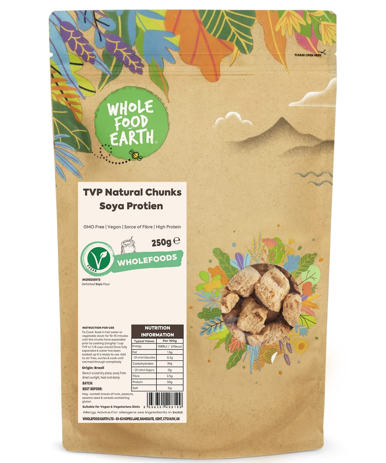 Whole Food Earth TVP Natural Chunks Soya Protien 250 g
