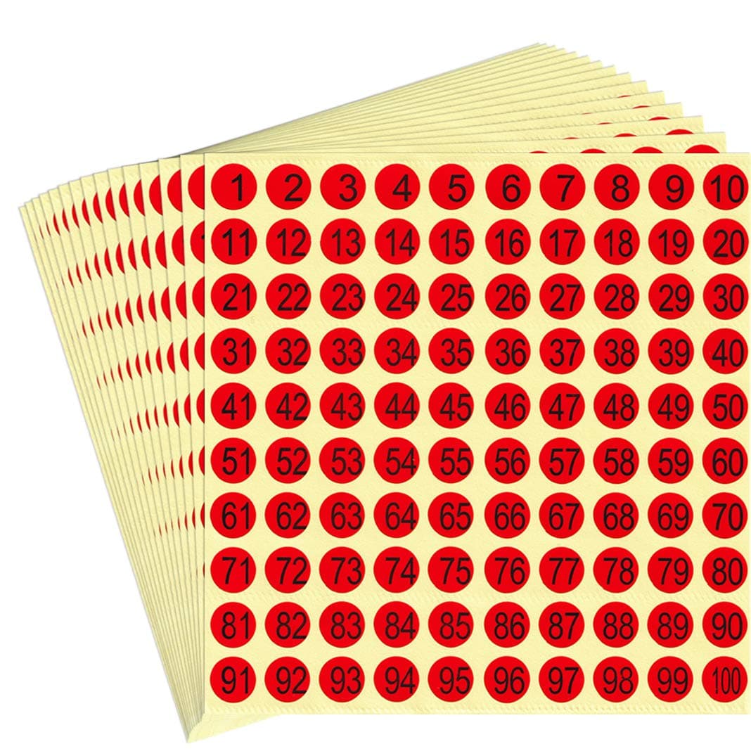 Black Numbers on Red Stickers - 1 to 100 Round Self Adhesive Stickers | Inventory/Storage Organizing Stickers - Set of 15 Sheets
